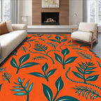 Vibrant Orange Teal Tropical Leaf Arrangement Rug