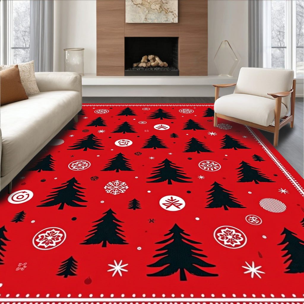 Red Black Christmas Tree Snowflakes Medallions Rug