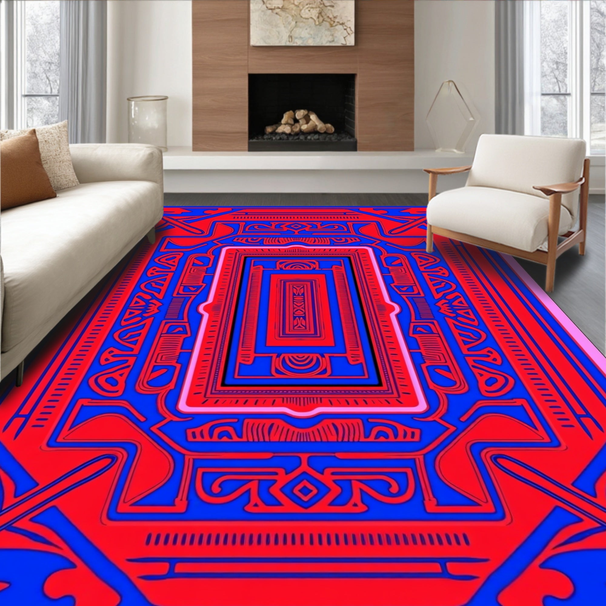 Bold Red Blue Layered Geometric Rug