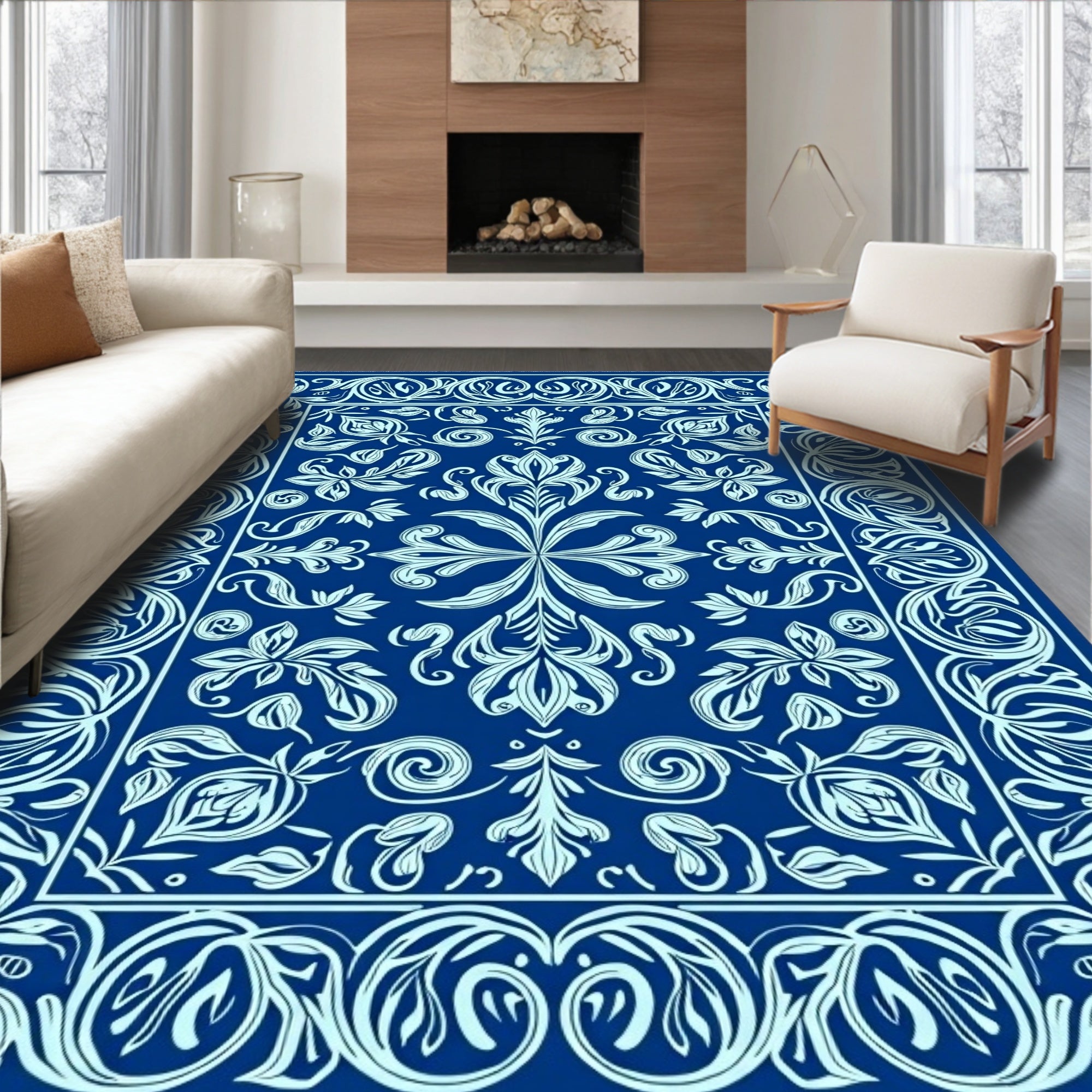 Elite Blue Floral Filigree Medallion Rug