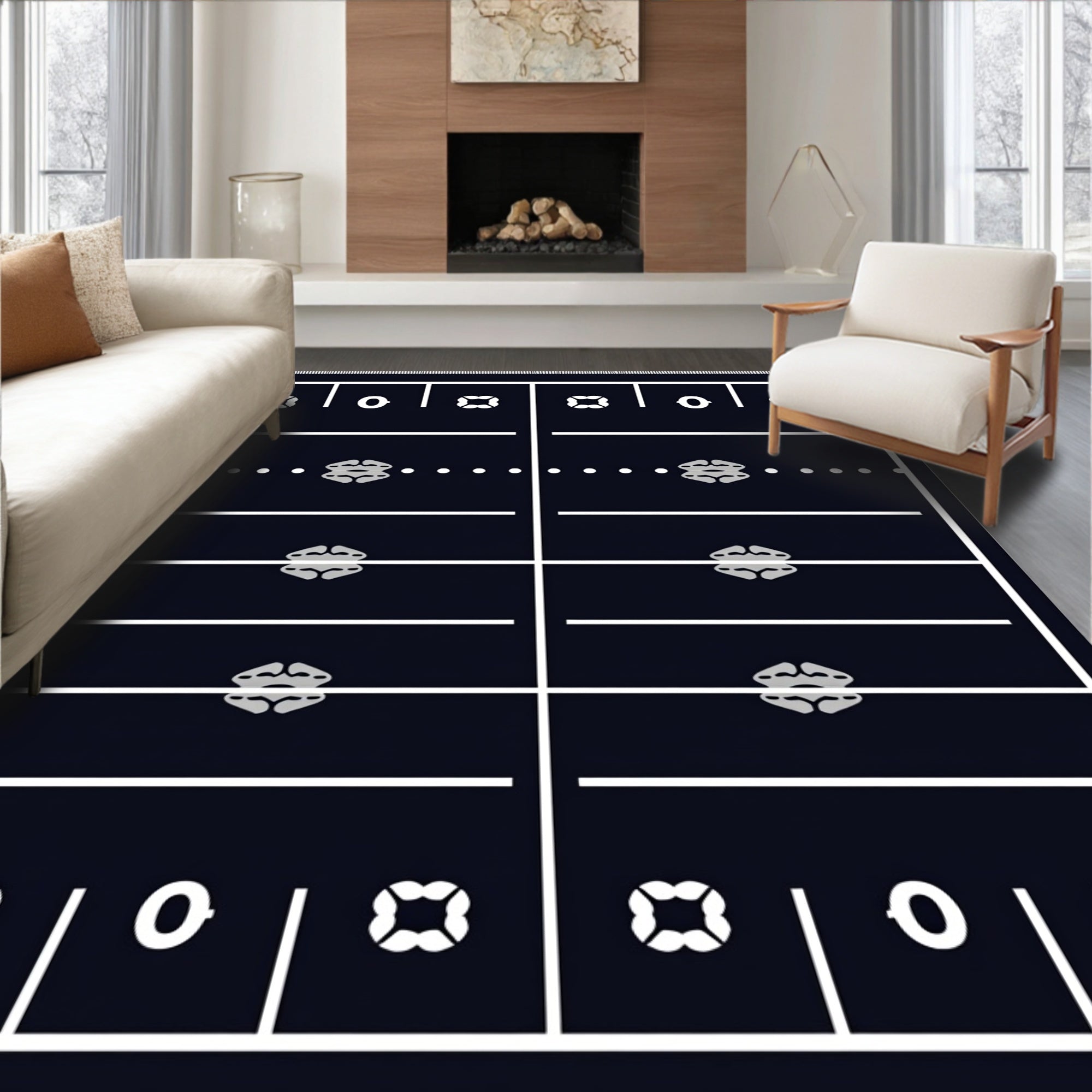 Dark Blue Football Field Lines Rug