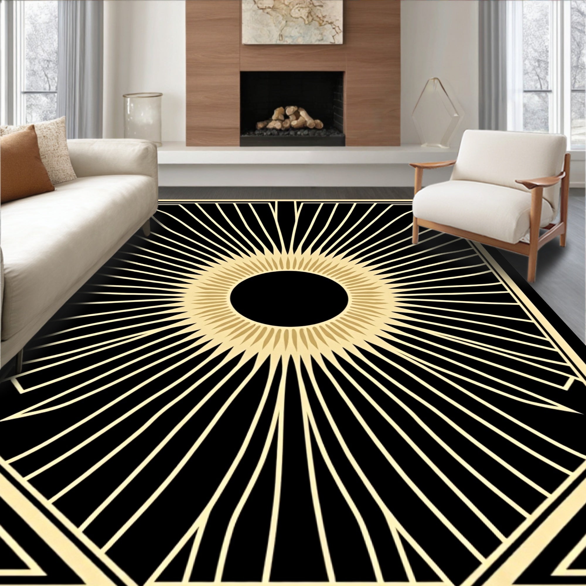 Golden Sunburst Art Deco Geometric Rug