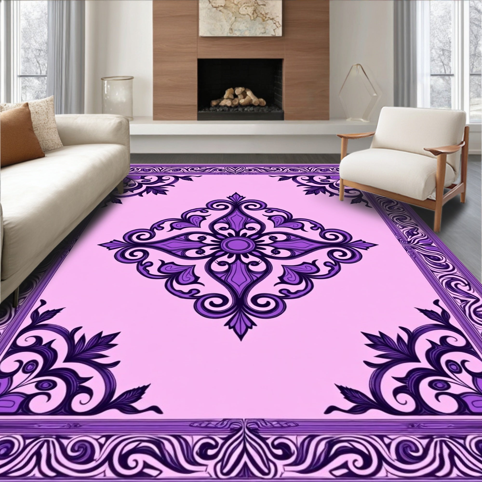 Elegant Purple Floral Scroll Rug