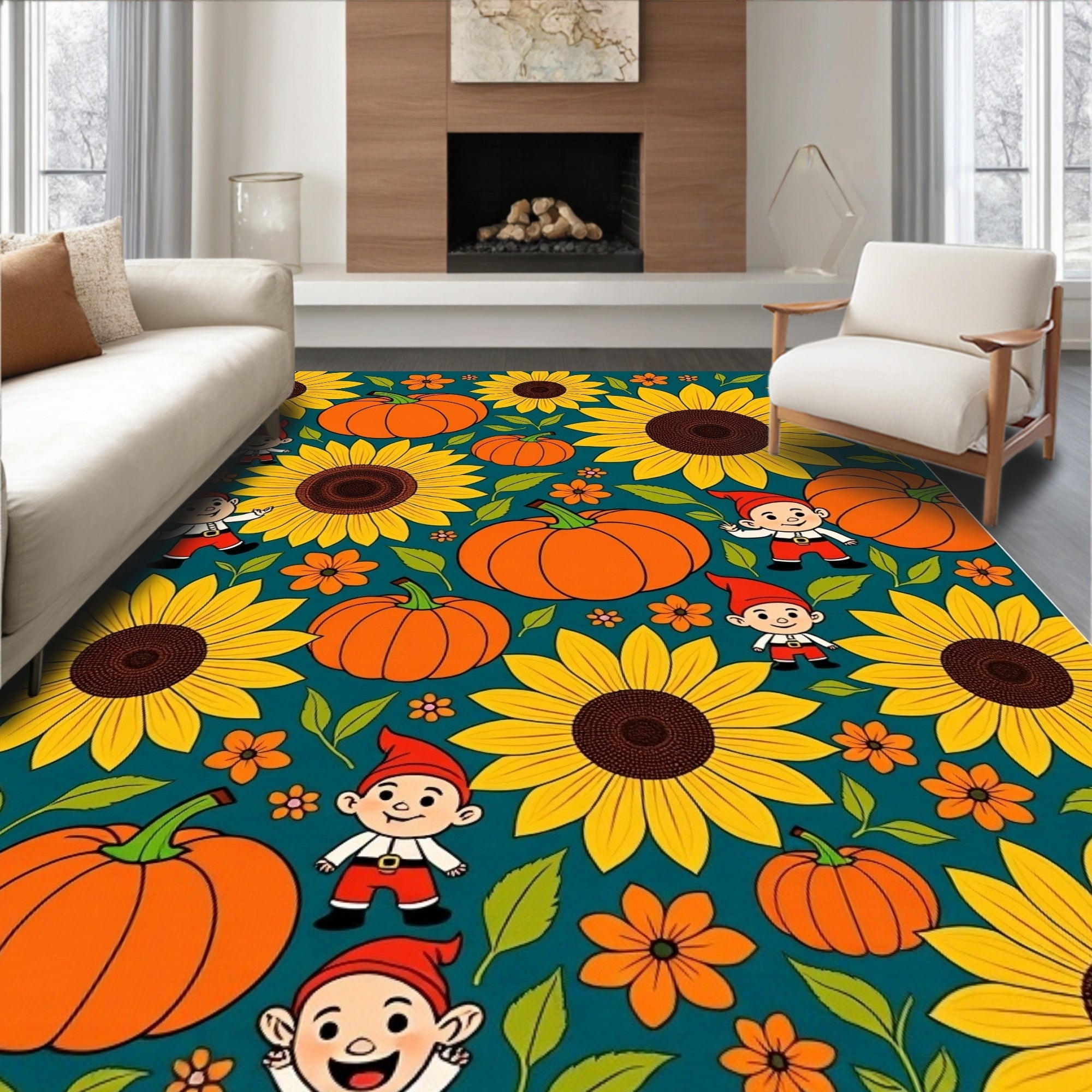 Whimsical Gnomes Sunflowers Pumpkins Teal Rug
