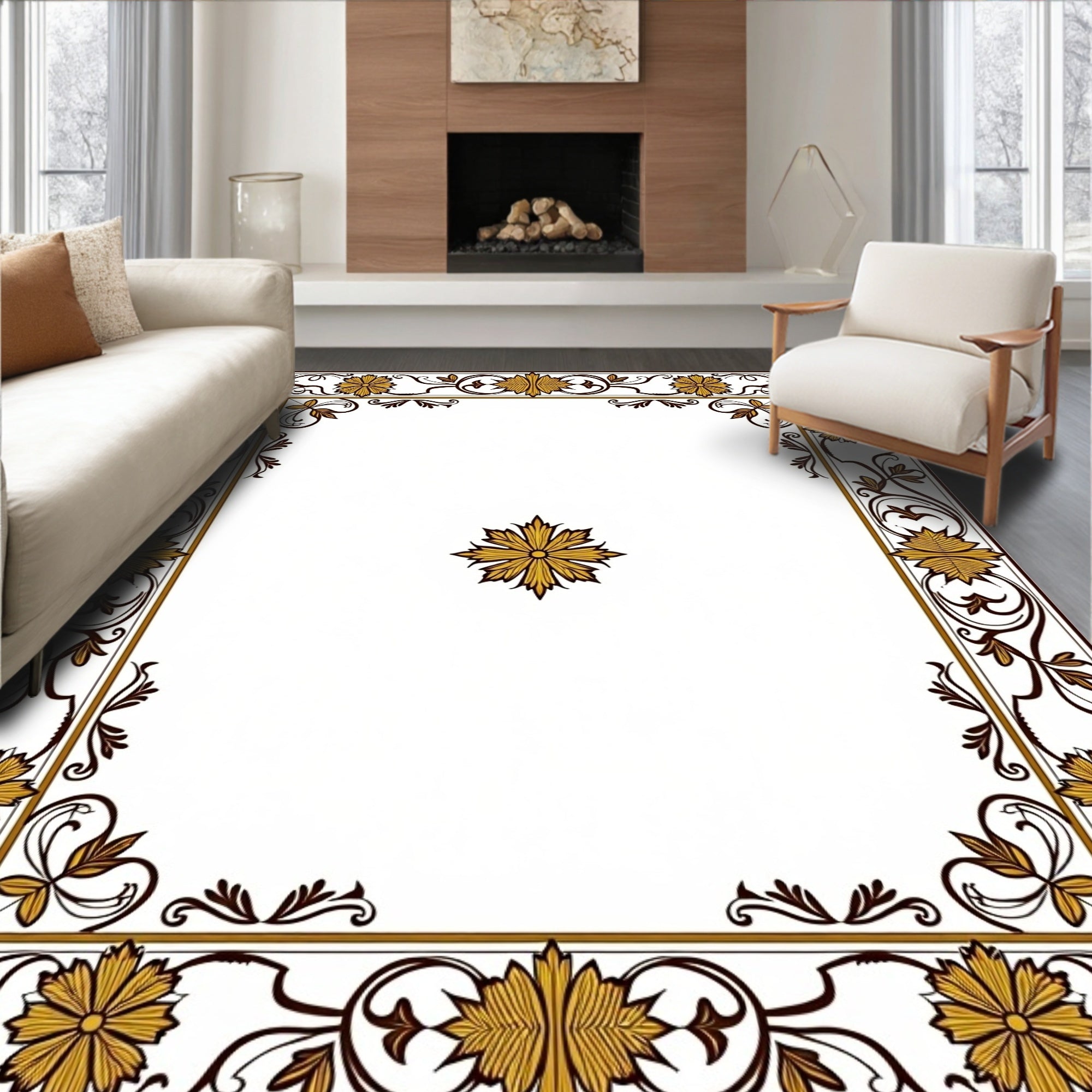 Golden Floral Border Square Accent Rug