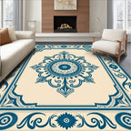 Classic Deep Blue Medallion Border Oval Rug