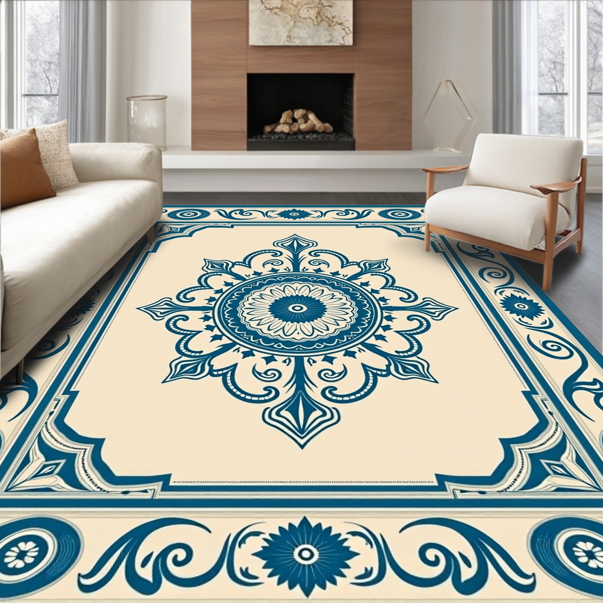 Classic Deep Blue Medallion Border Oval Rug