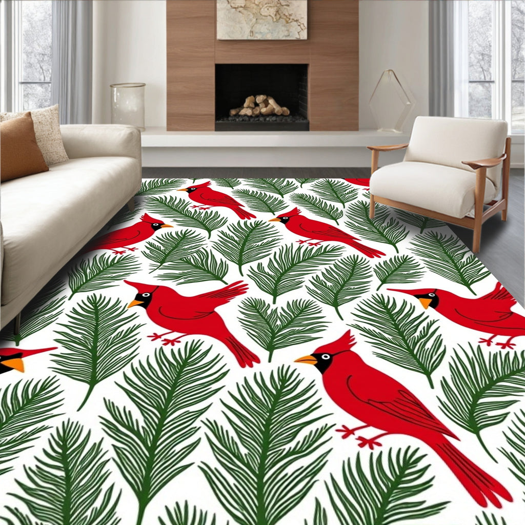 Red Cardinals and Green Pine Sprigs Rug