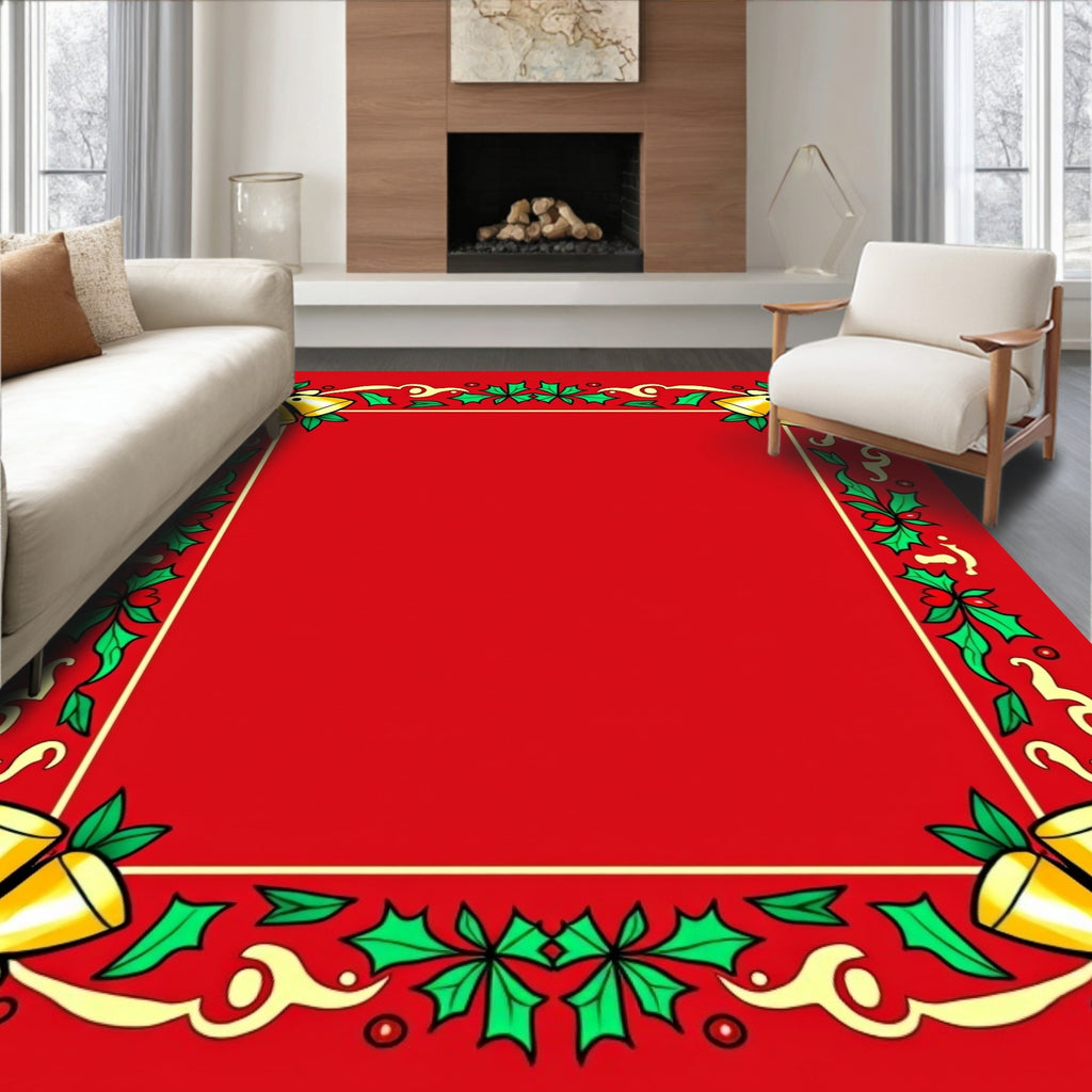 Festive Red Gold Holly Bells Frame Rug