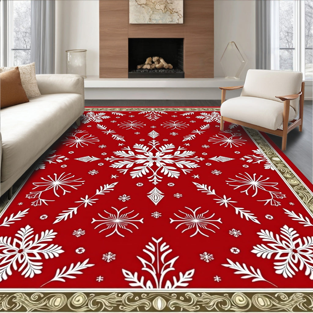 Red White Snowflake Winter Wonderland Rug