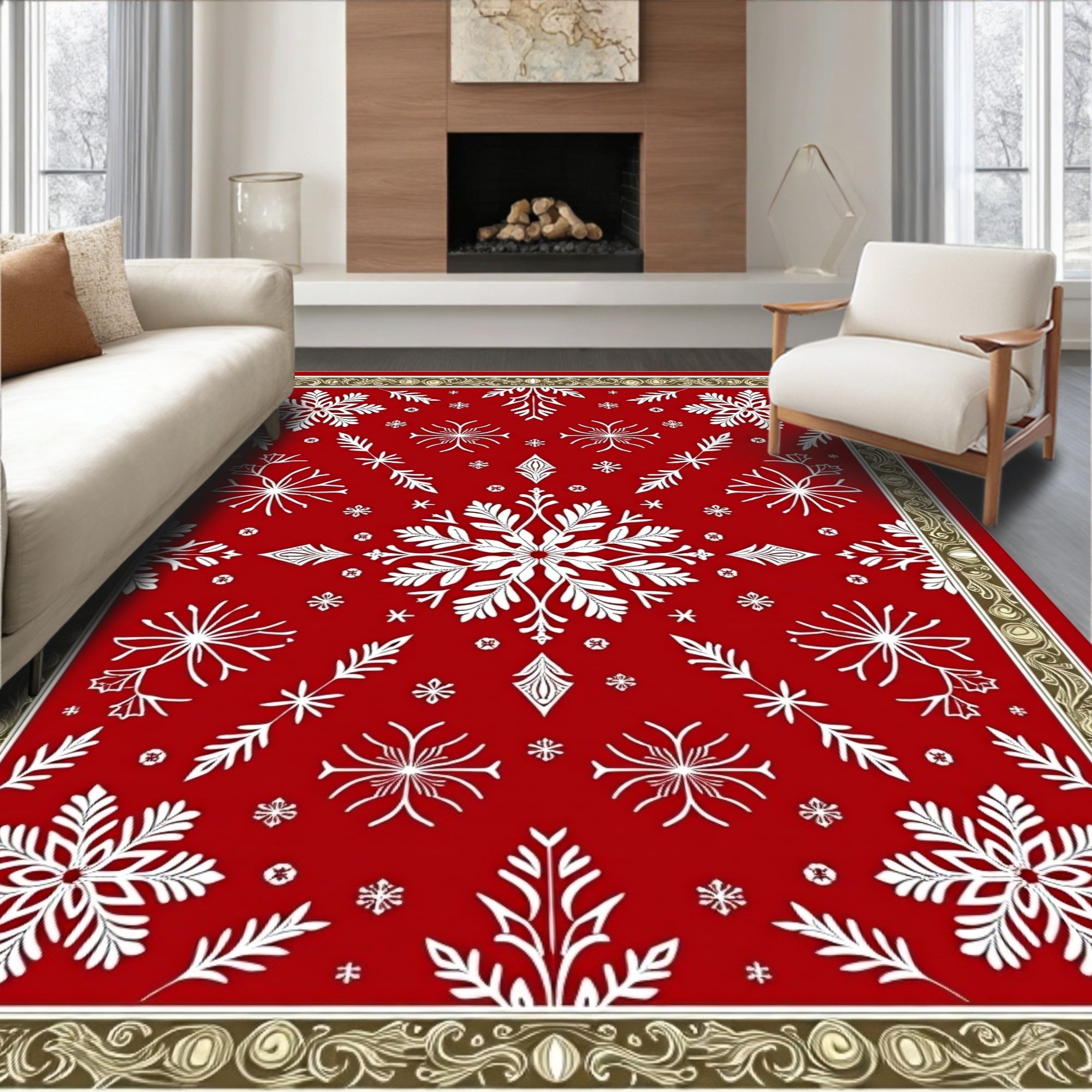 Red White Snowflake Winter Wonderland Rug
