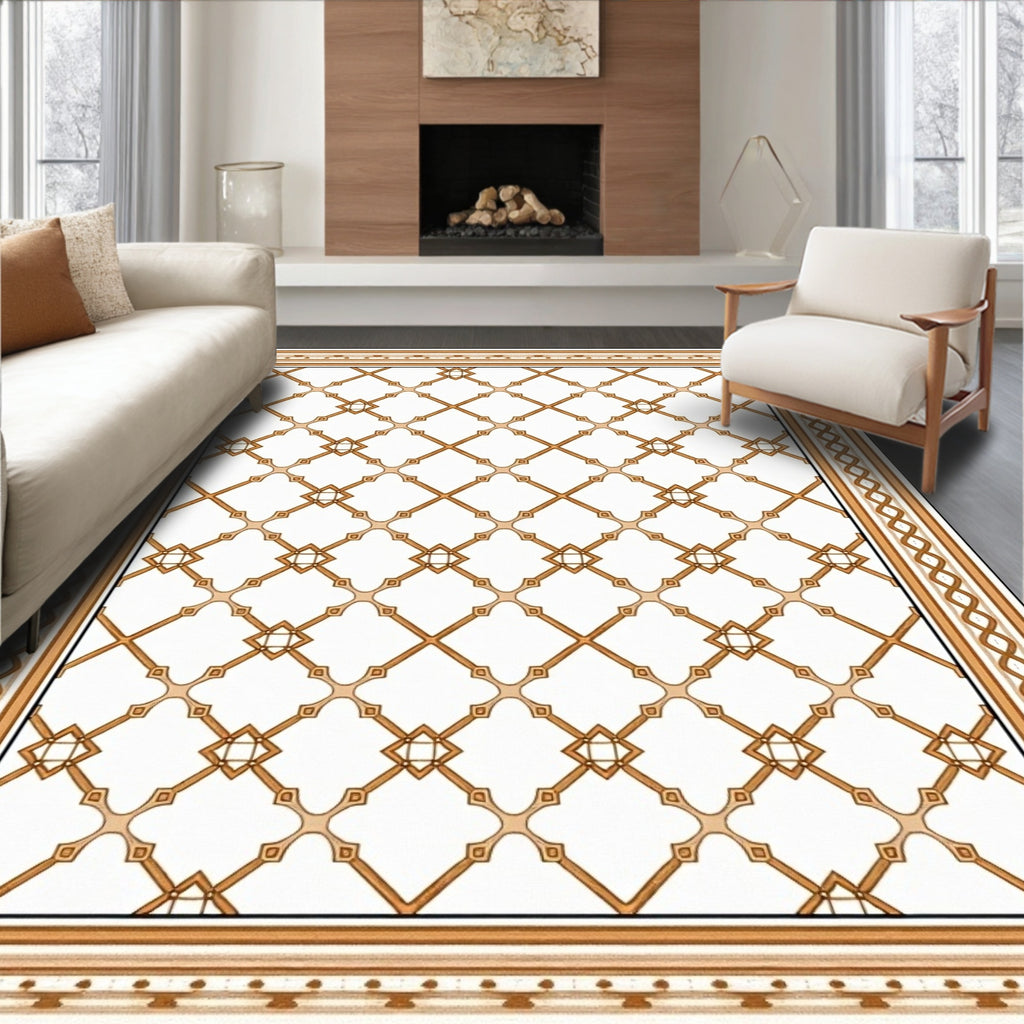 Tan Lattice Geometric Border Rug