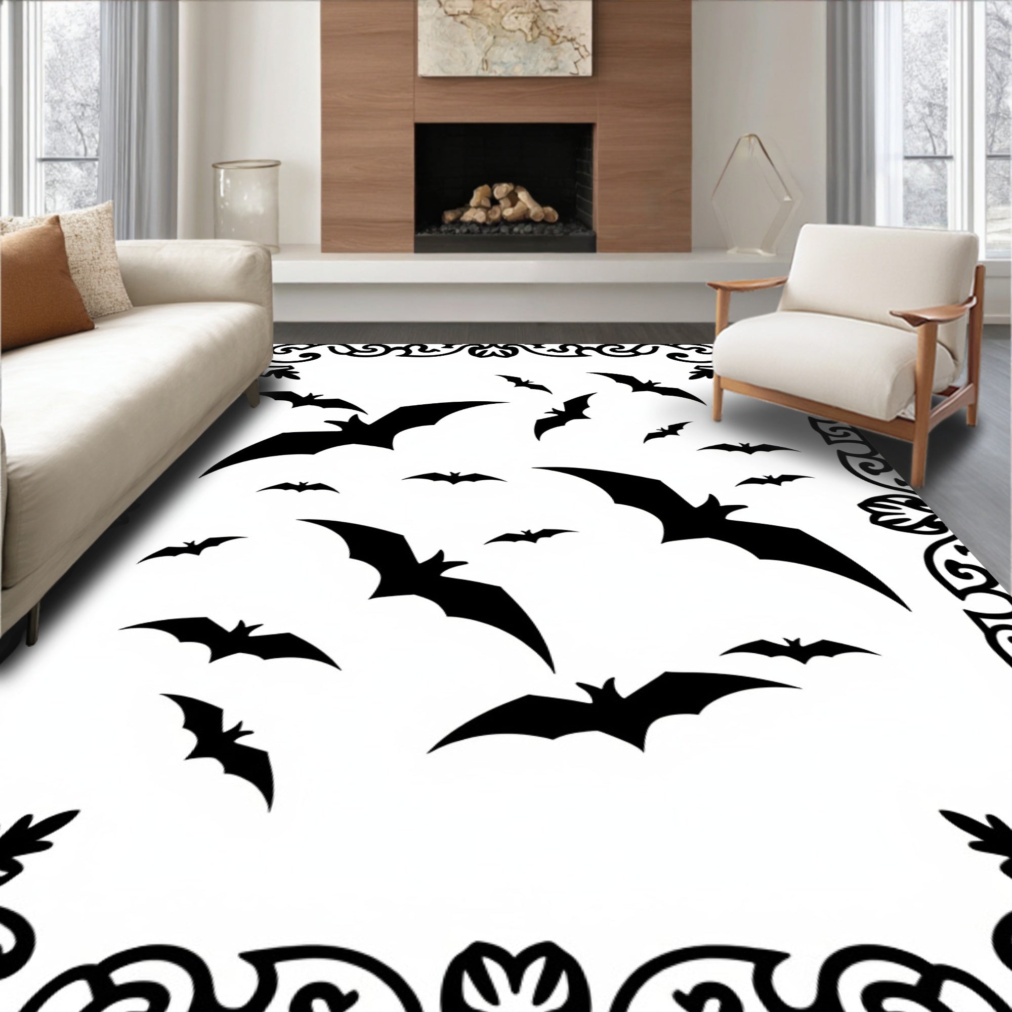 Black Bat Swarm Flying Silhouette Rug