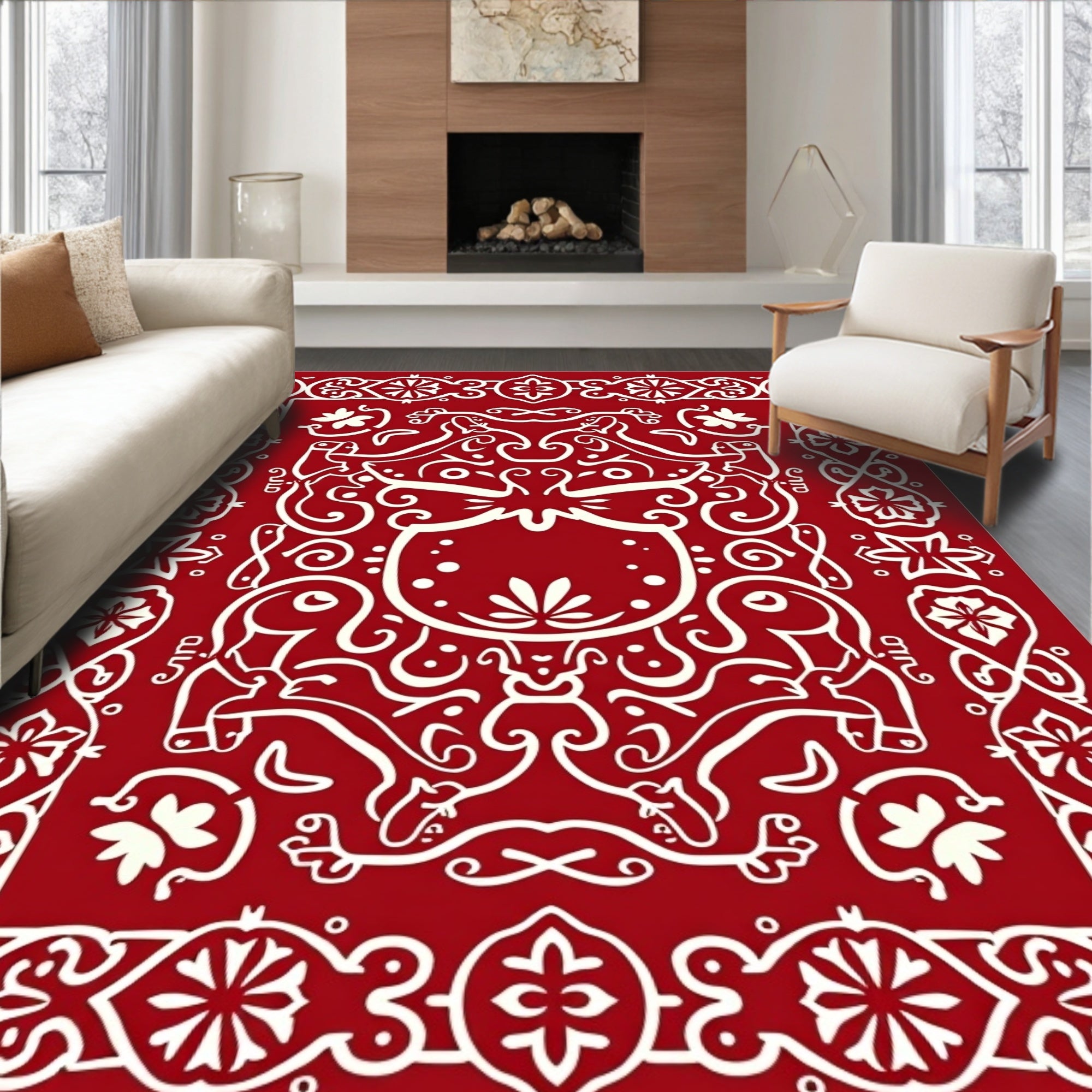 Crimson White Folk Animal Medallion Rug