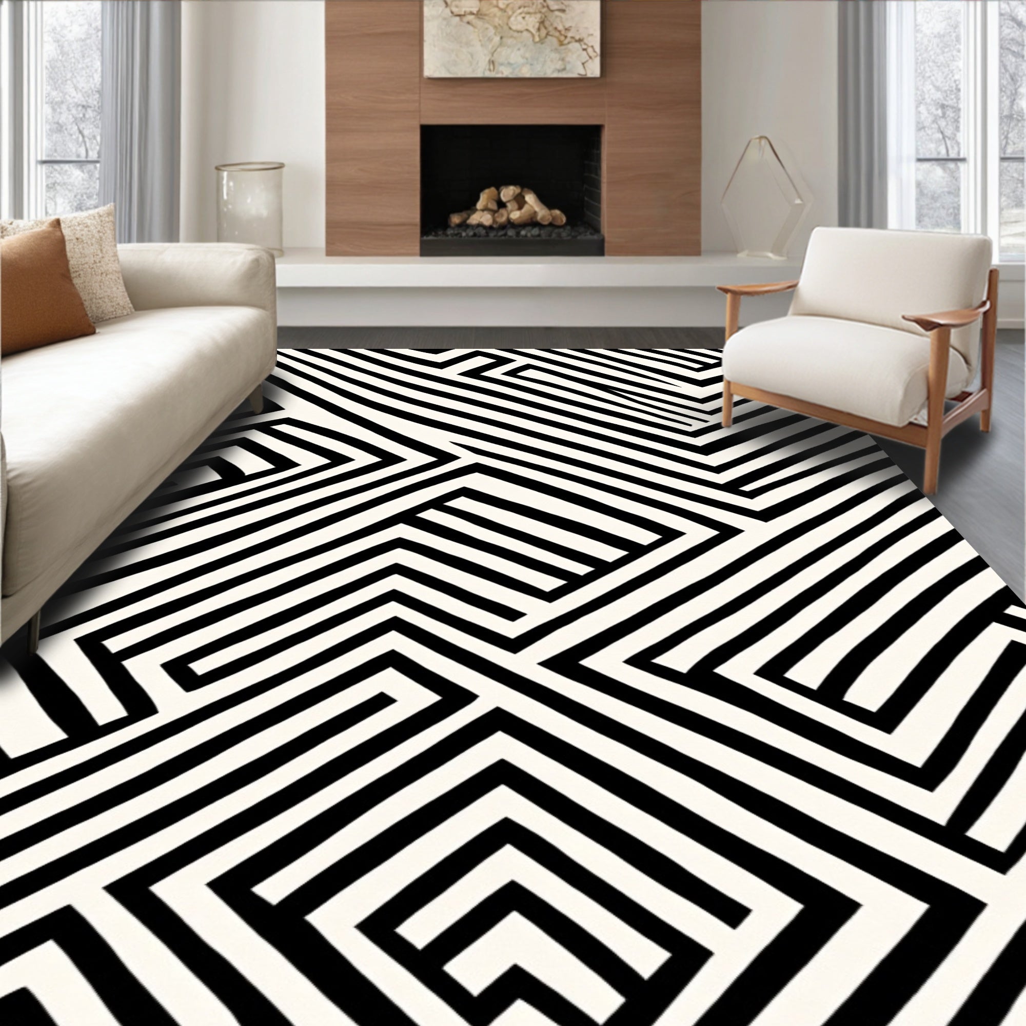Bold Black And White Geometric Maze Rug