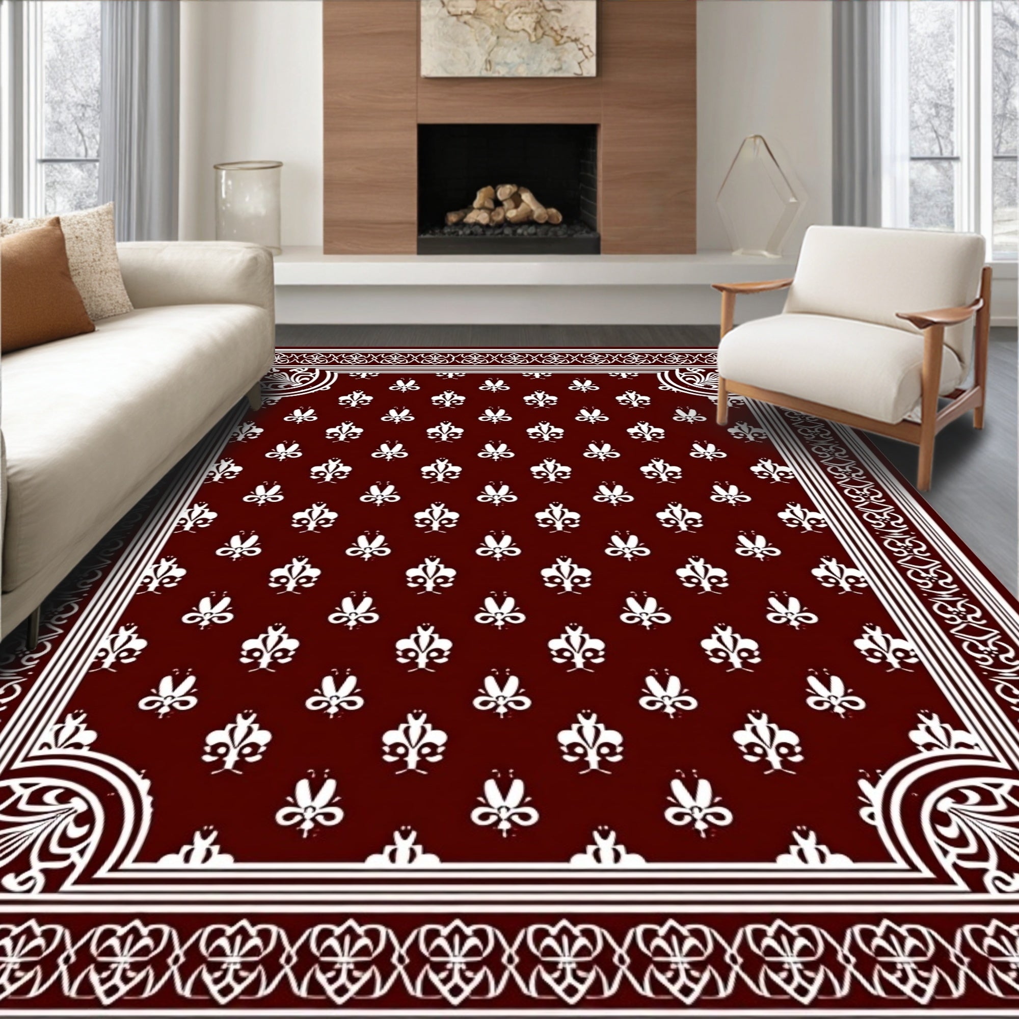 Regal Burgundy White Fleur Border Rug