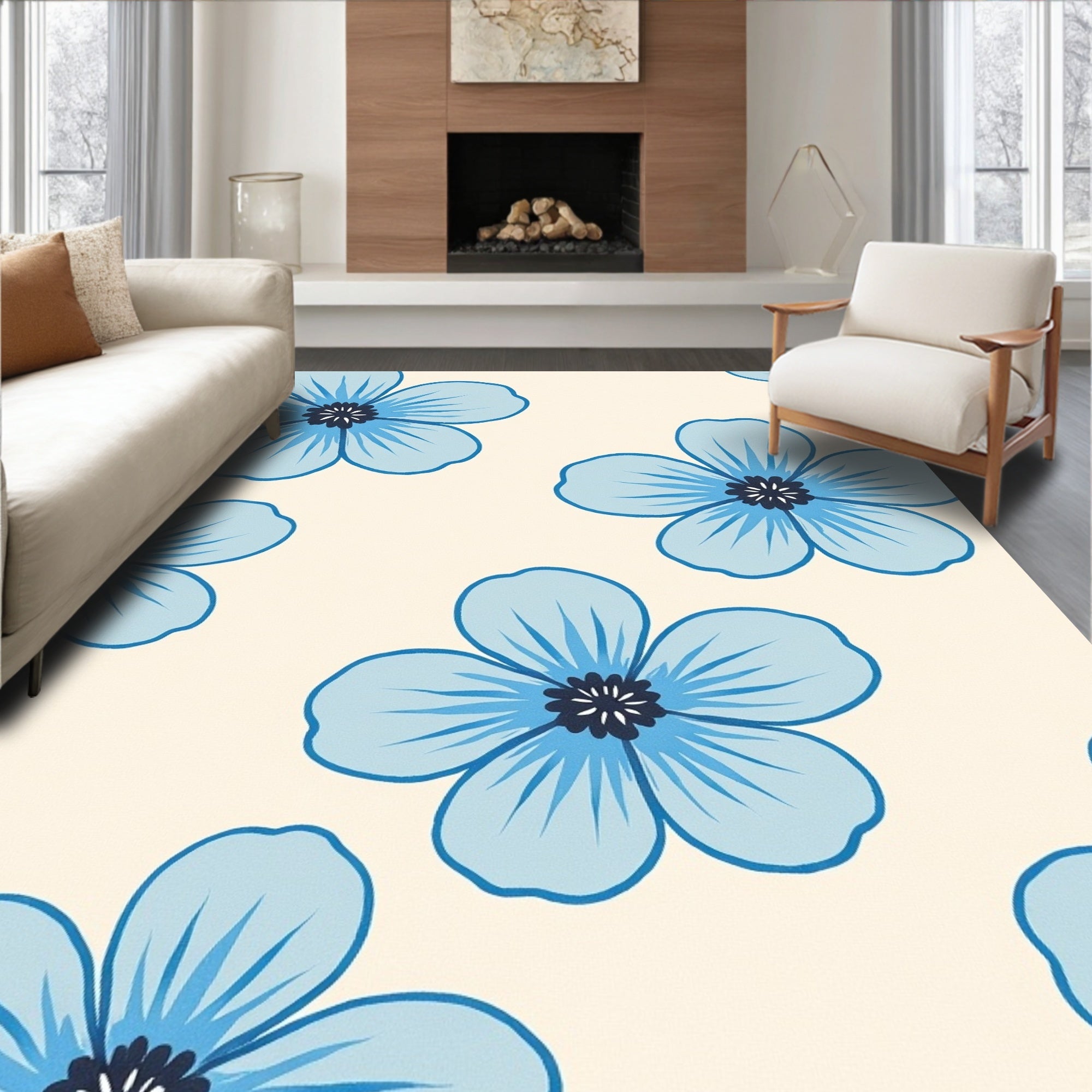 Sky Blue Floral Field Rug