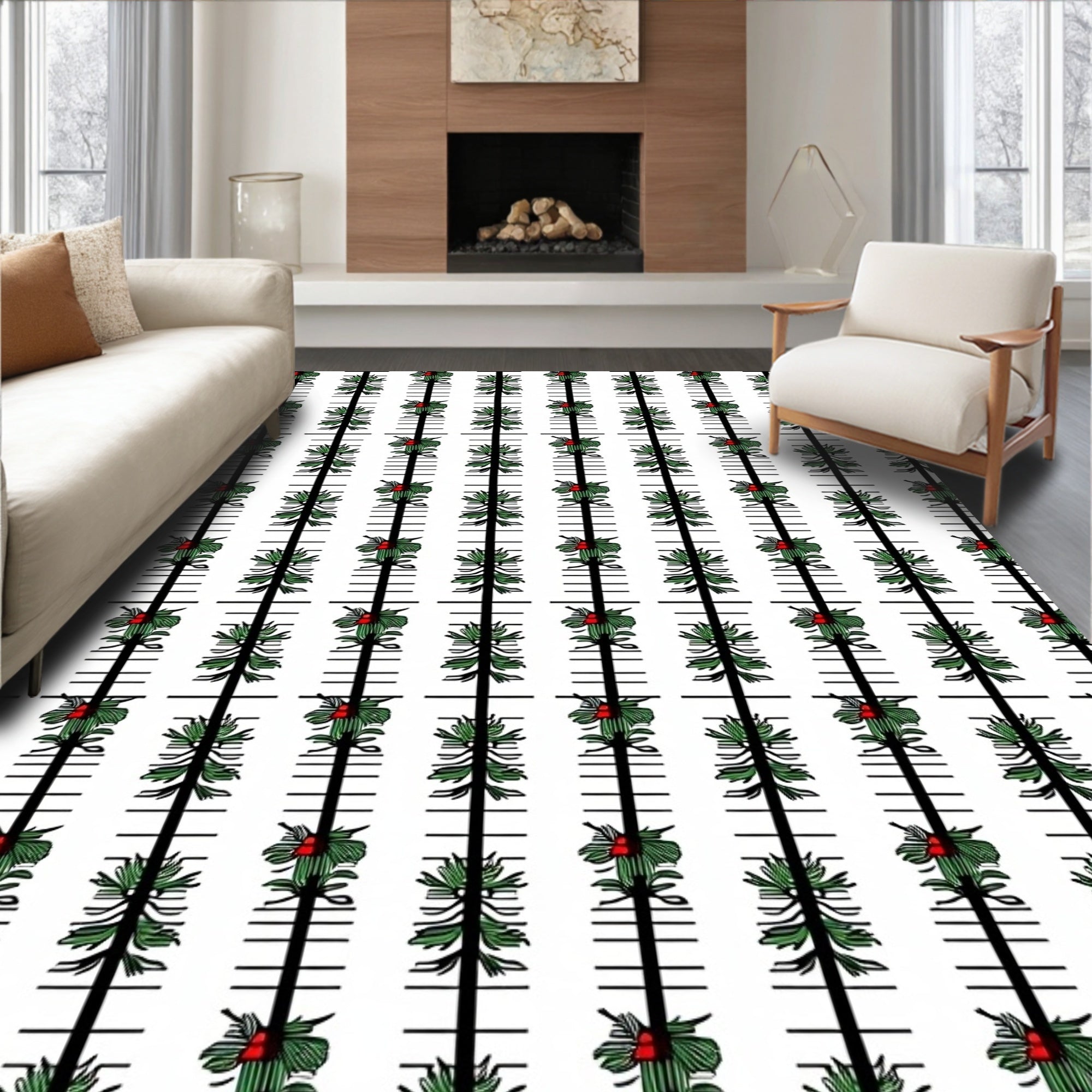 Vertical Green Pine Berry Stripes Rug