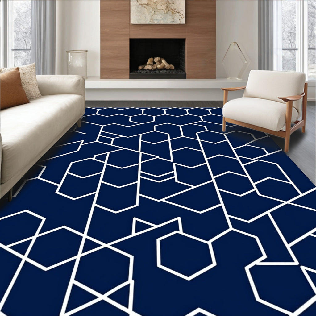 Navy White Geometric Abstract Hexagon Rug
