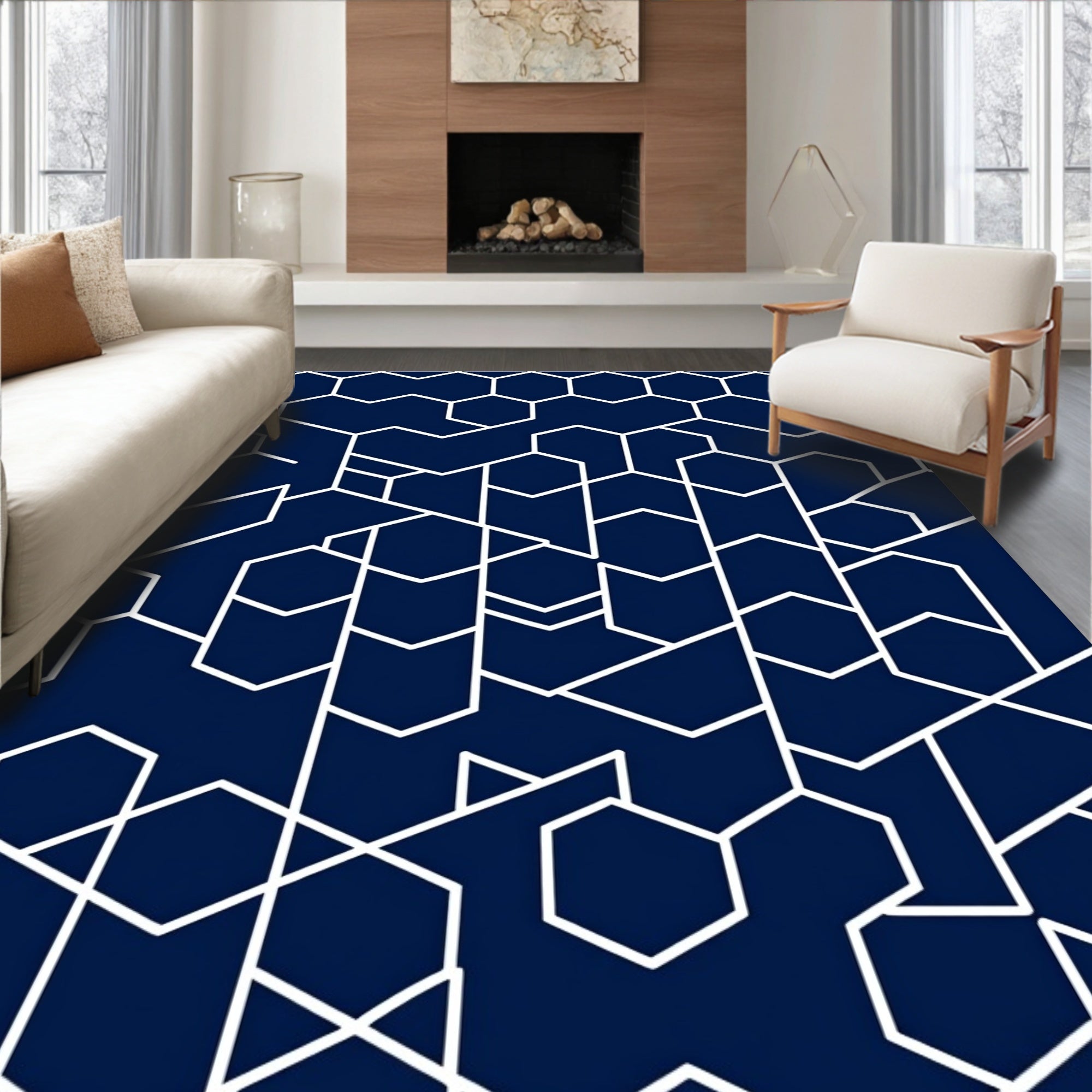 Navy White Geometric Abstract Hexagon Rug