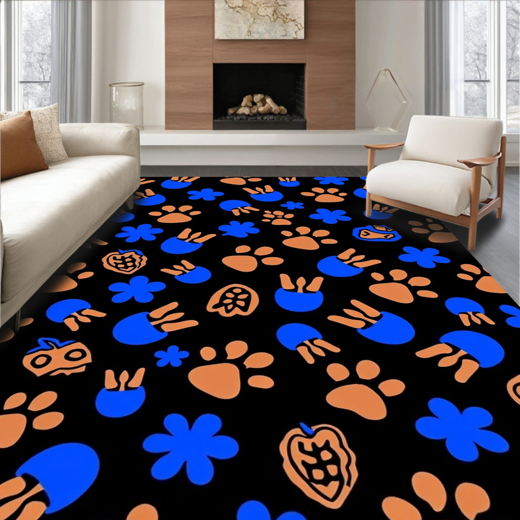 Blue Orange Paw Print Whimsical Collage Rug