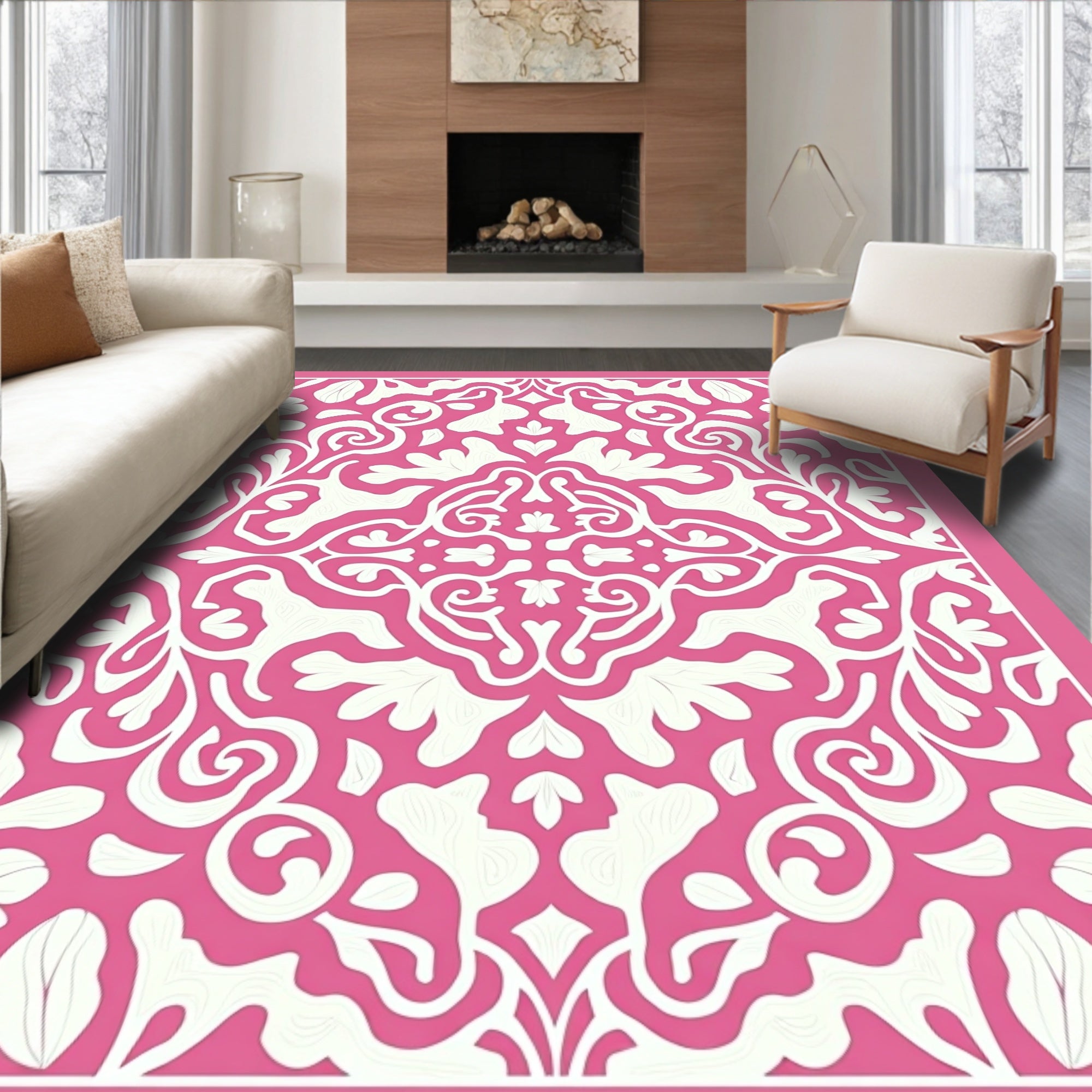 Pink White Floral Damask ScrollRug Rug