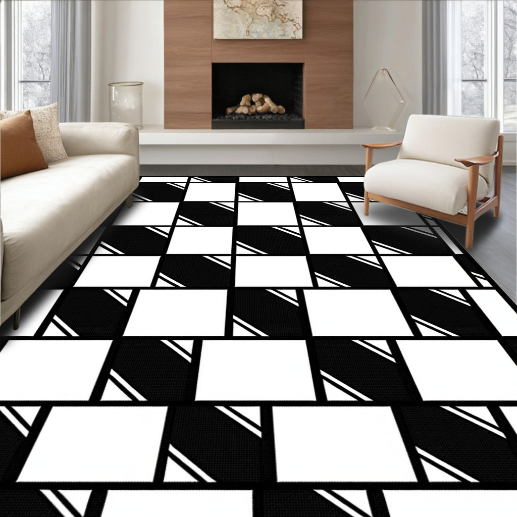 Monochromatic Checkerboard Striped Squares Rug