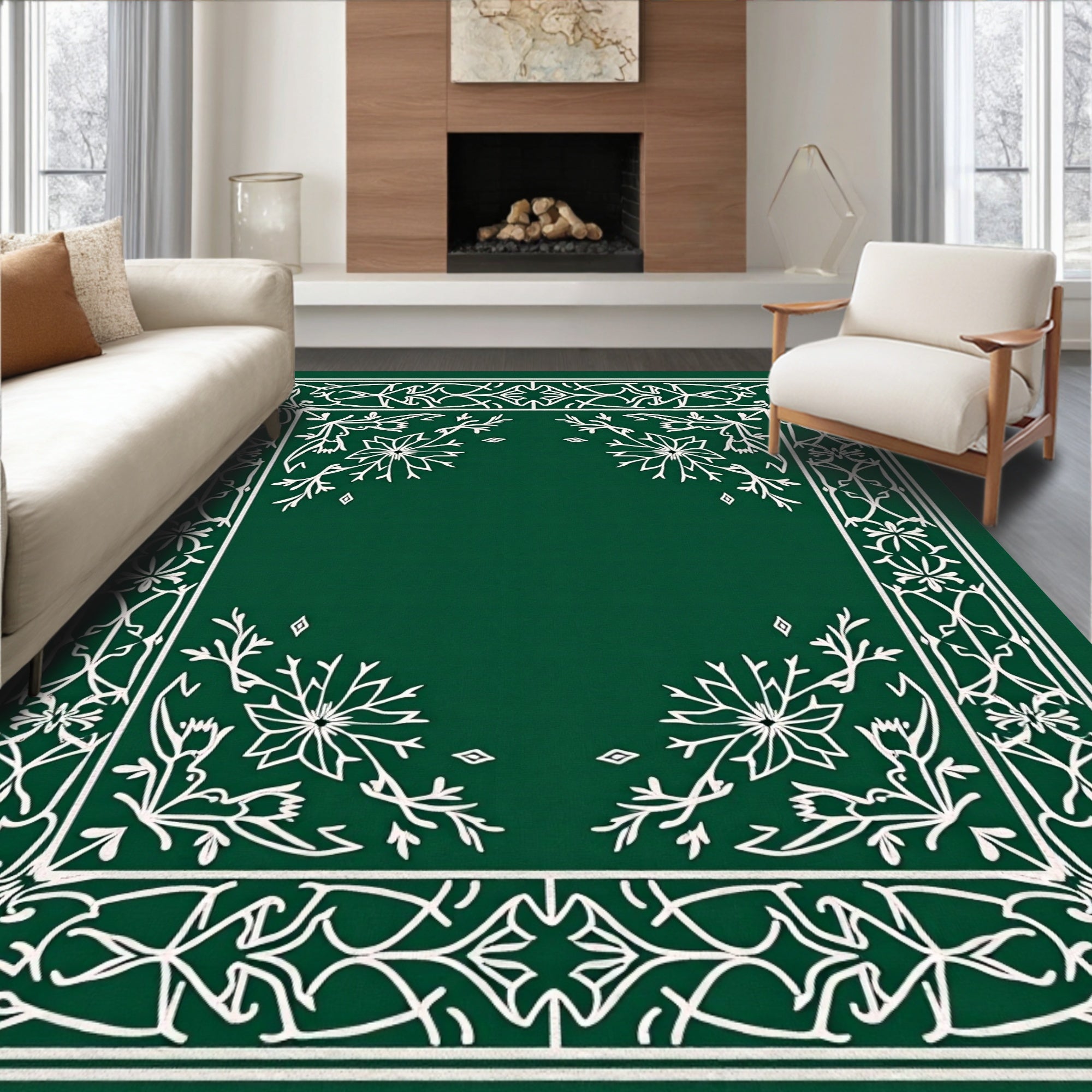 Forest Green Ornate Floral Scroll Rug