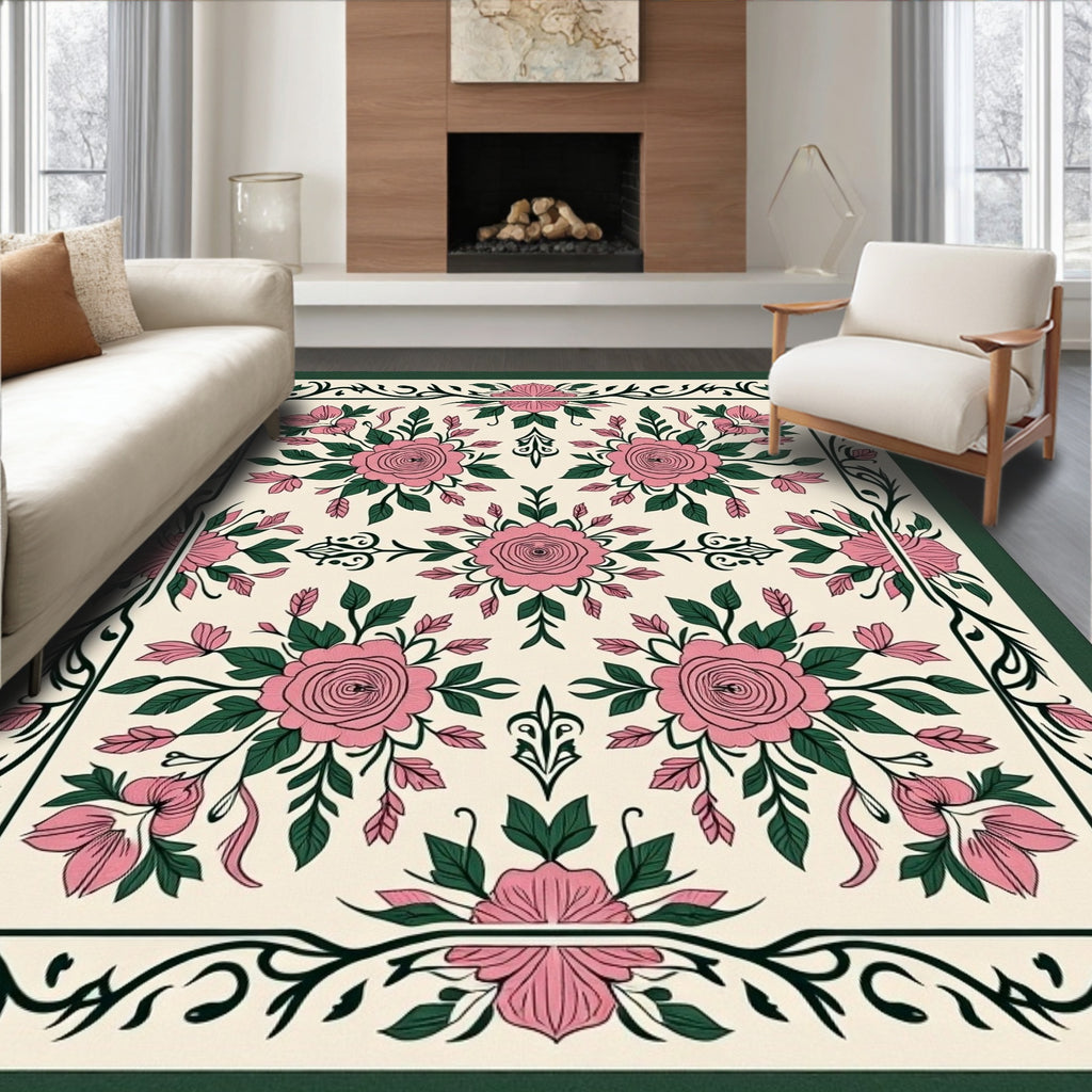 Vintage Pink Green Floral Medallion Rug