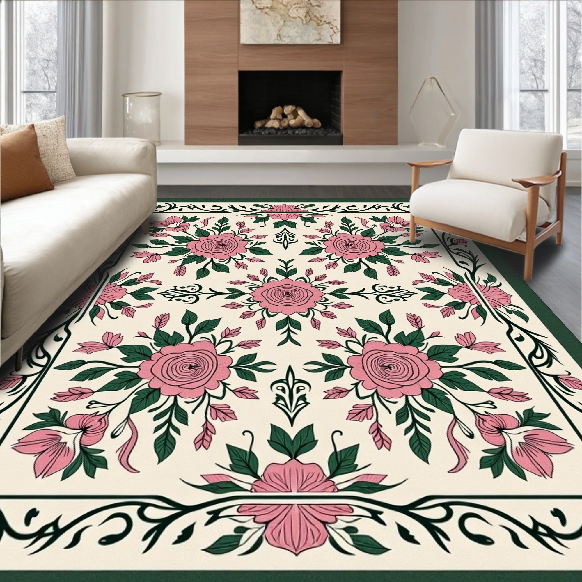 Vintage Pink Green Floral Medallion Rug