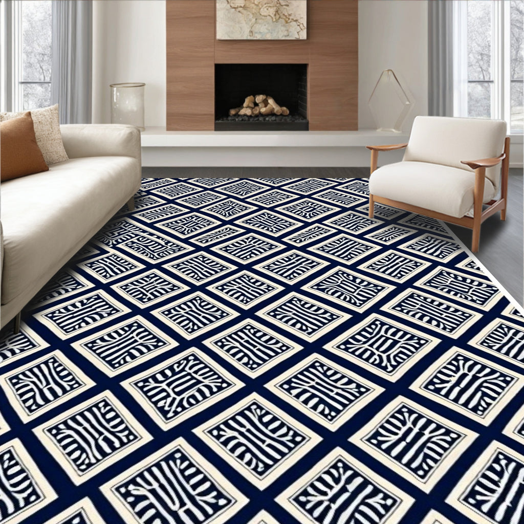 Navy White Diamond Lattice Abstract Rug