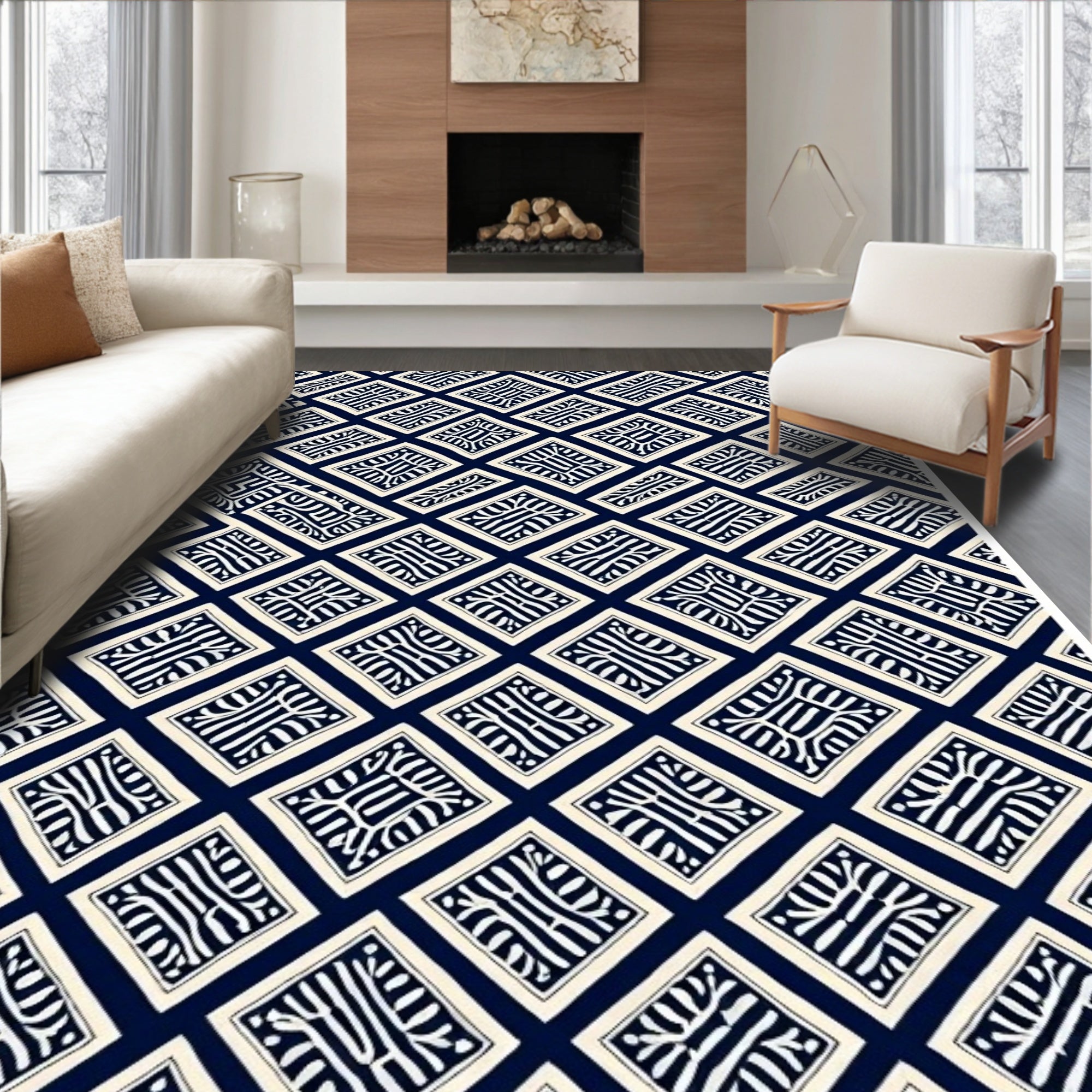 Navy White Diamond Lattice Abstract Rug