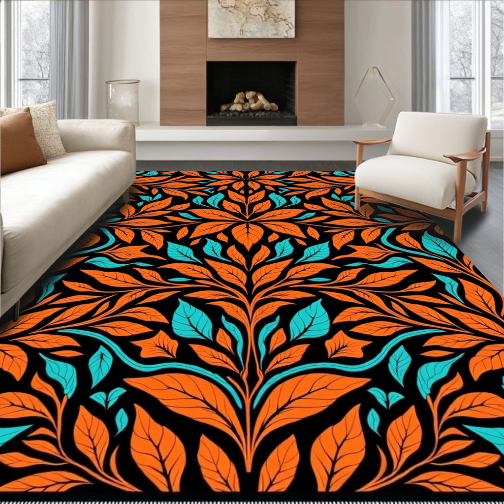 Bold Orange Teal Leafy Vine Rug