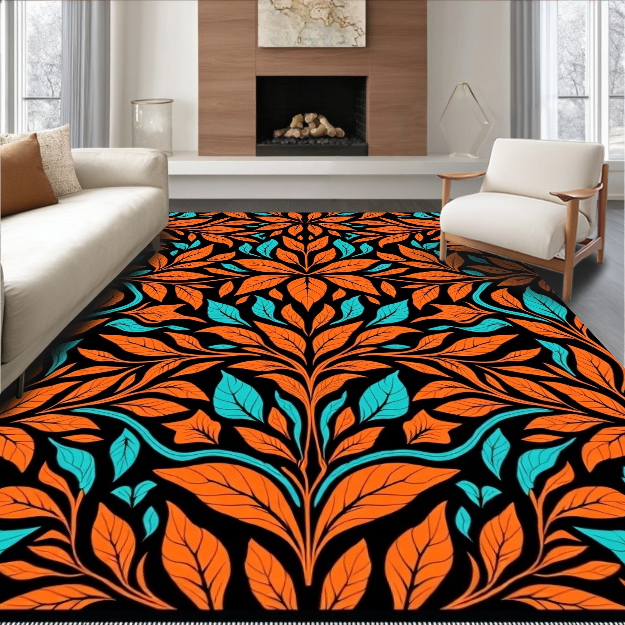 Bold Orange Teal Leafy Vine Rug