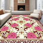 Crimson Rose Floral Scroll Medallion Rug
