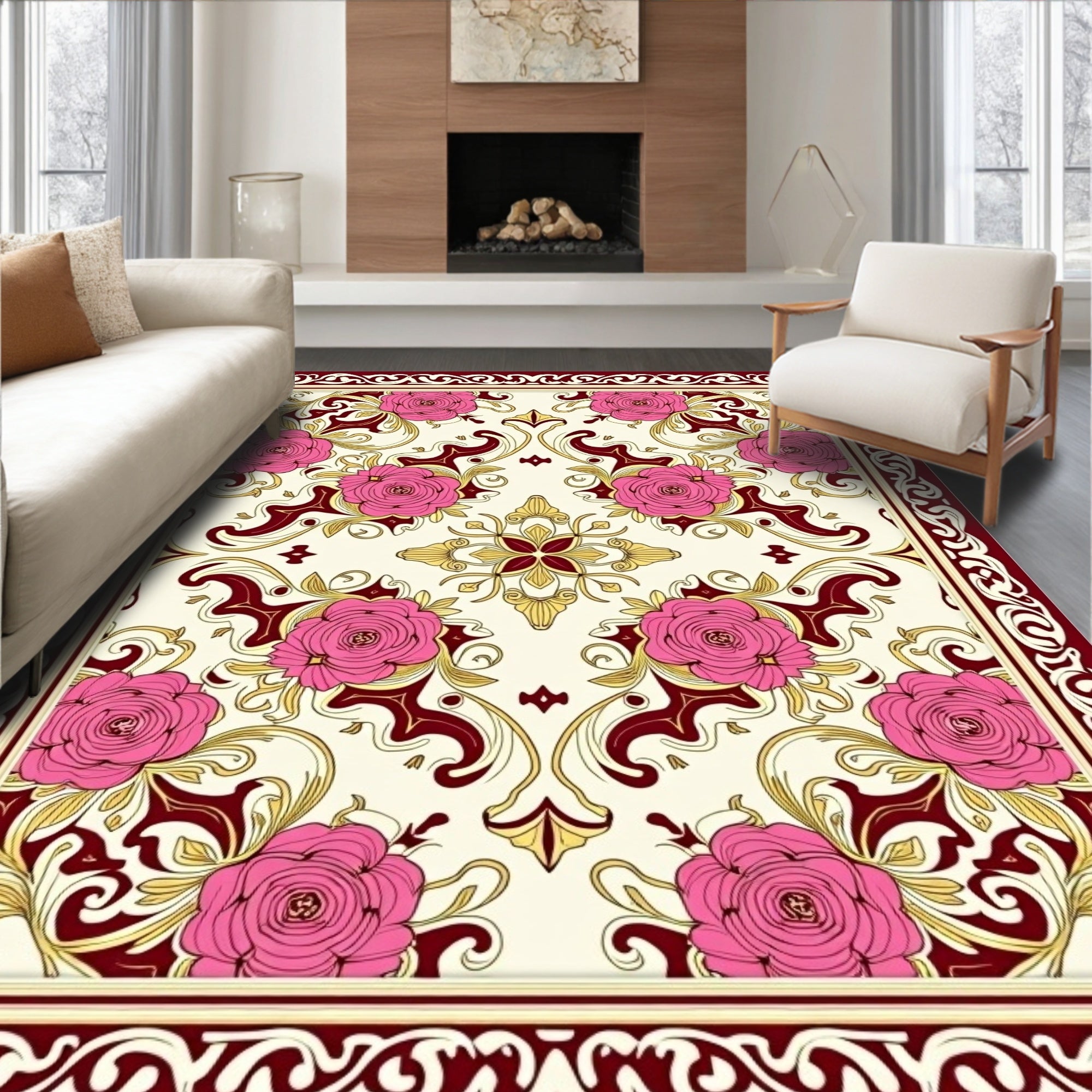 Crimson Rose Floral Scroll Medallion Rug