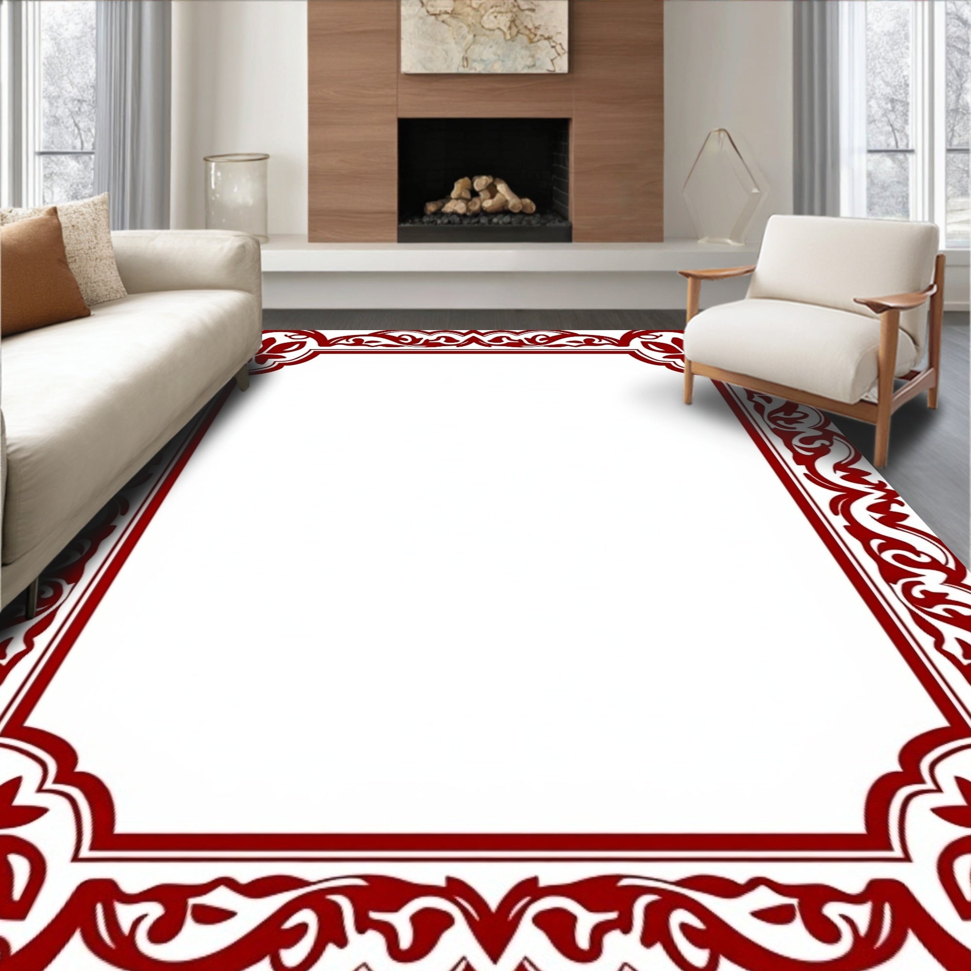 Crimson Floral Ornate Border Rug