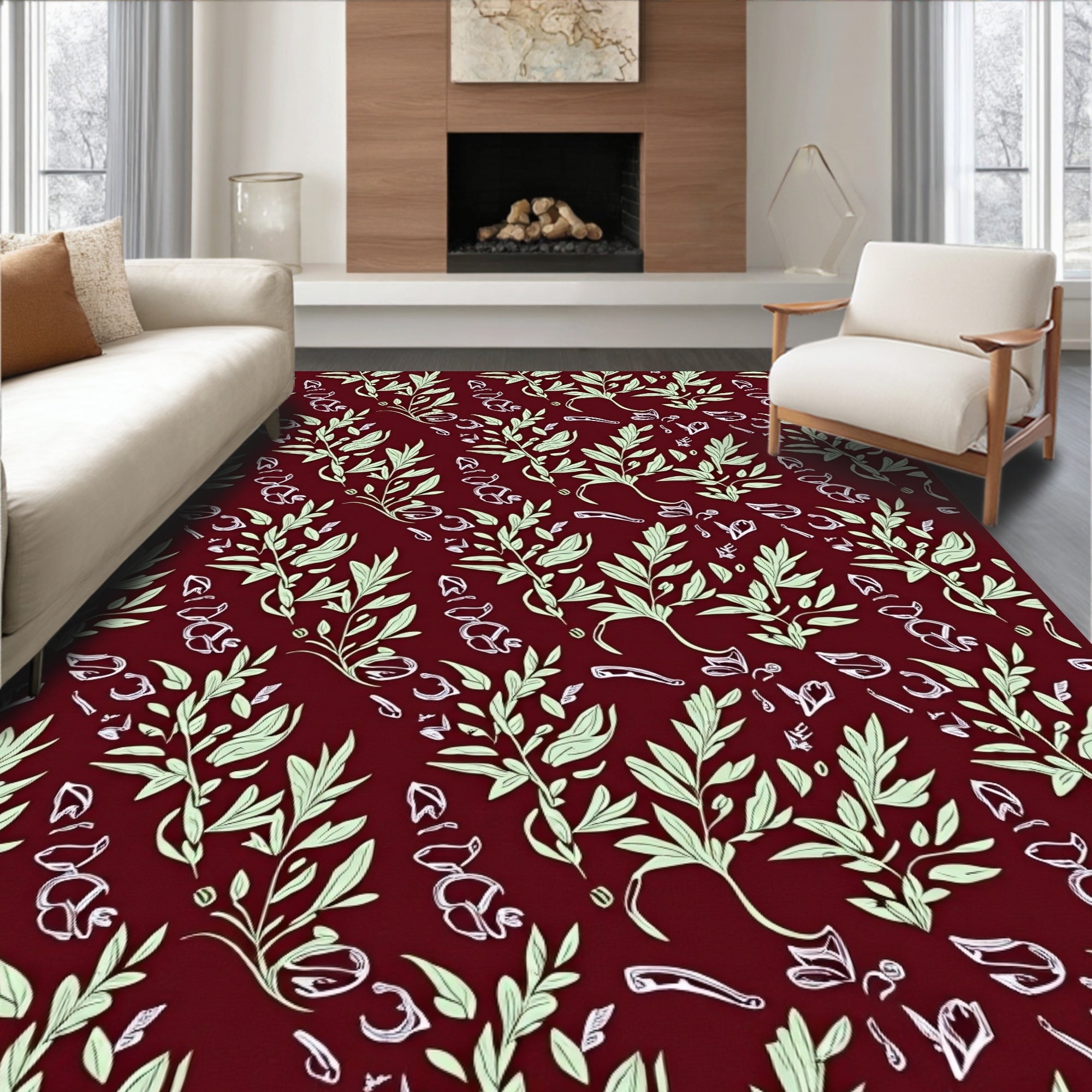 Burgundy Pale Green Leafy Vine Rug