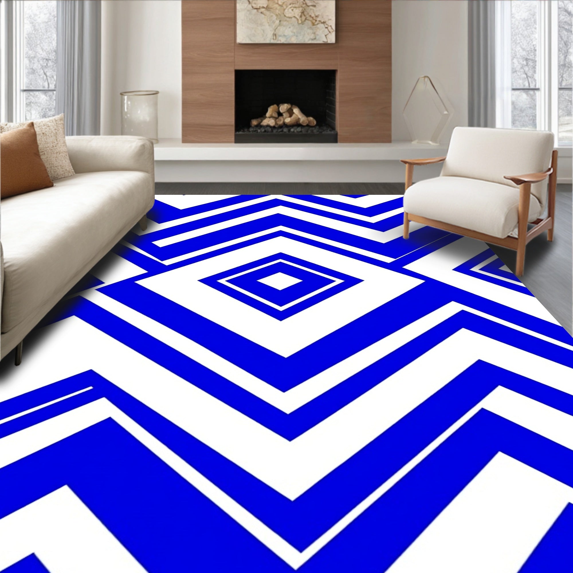 Bold Blue Geometric Diamond Chevron Rug