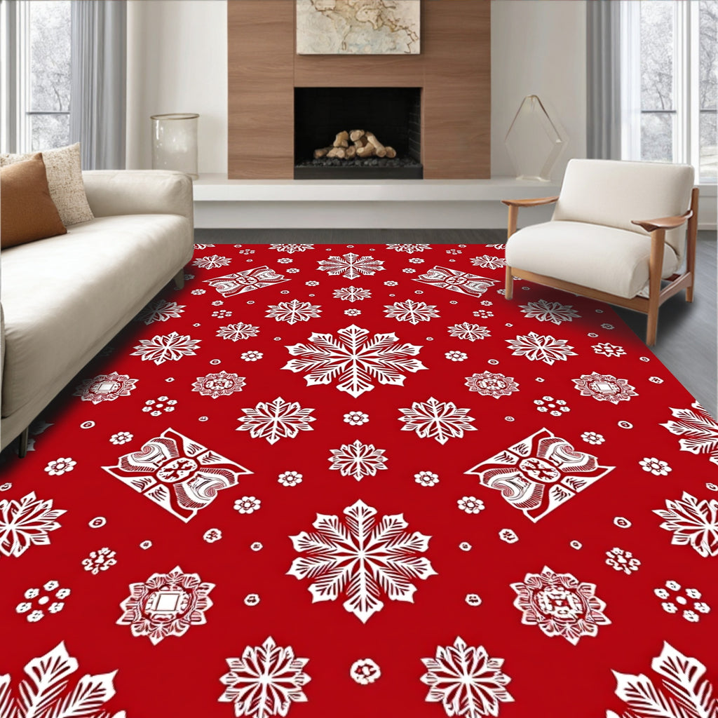 Festive Red Snowflake Winter Snow Rug