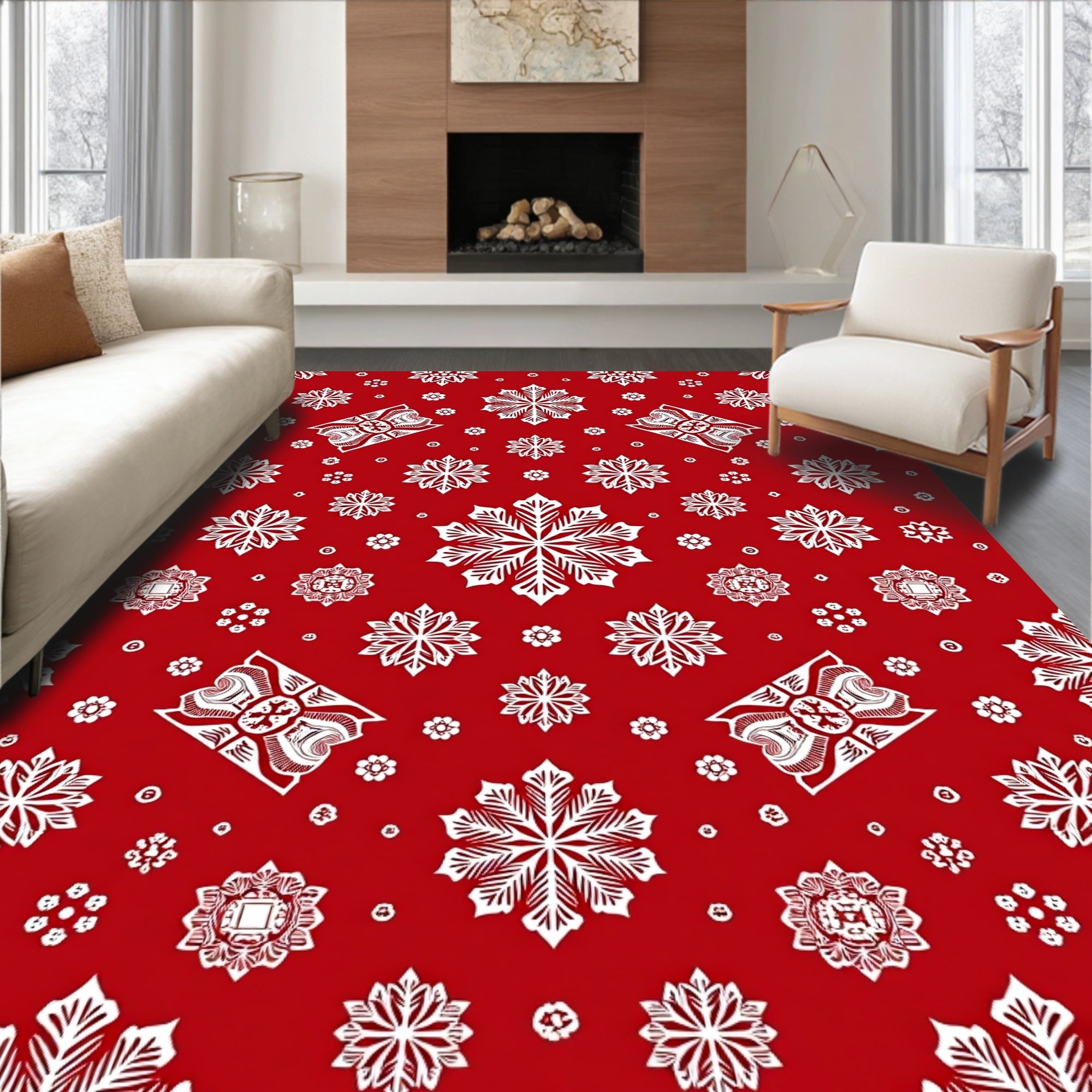 Festive Red Snowflake Winter Snow Rug