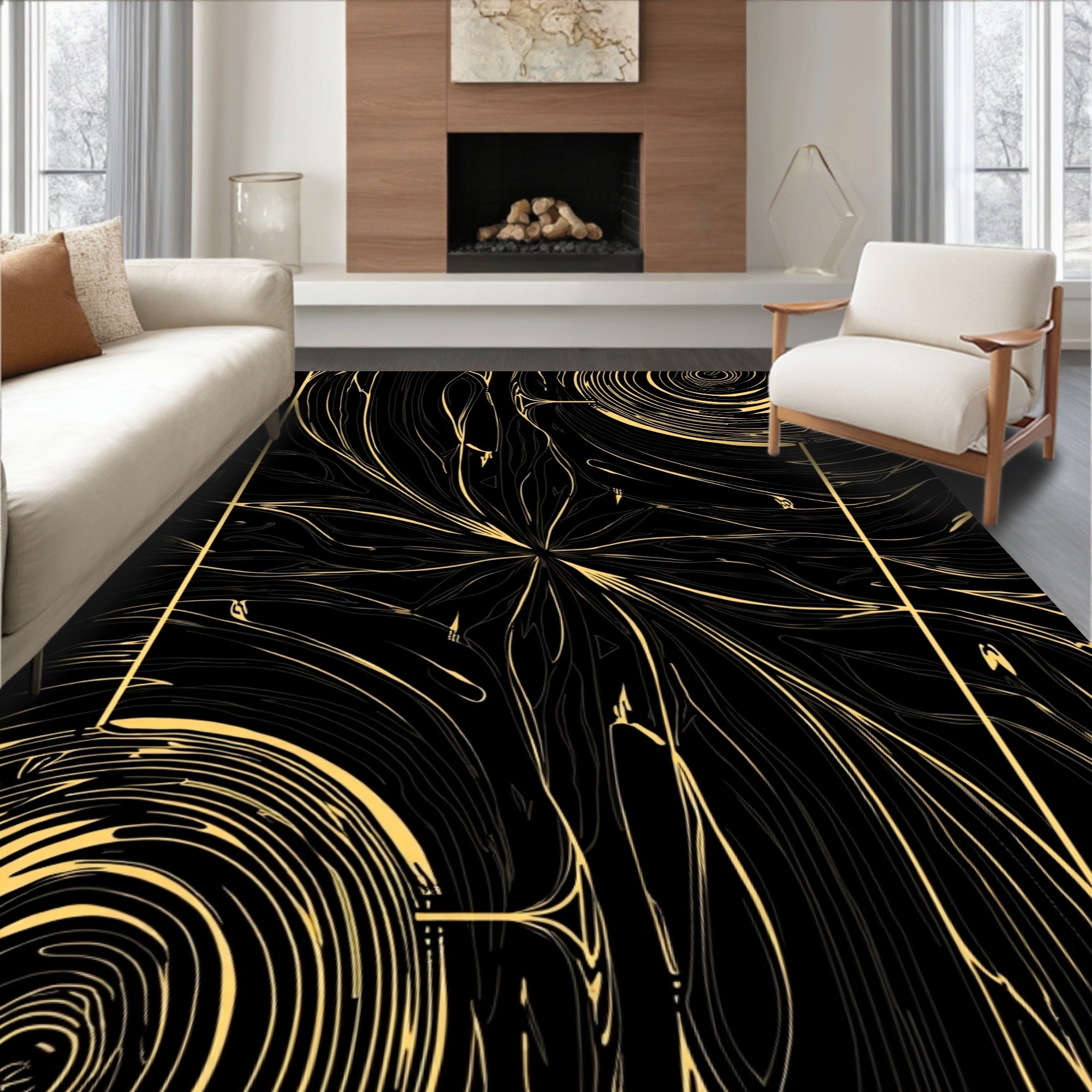 Black Gold Swirling Organic Lines Rug