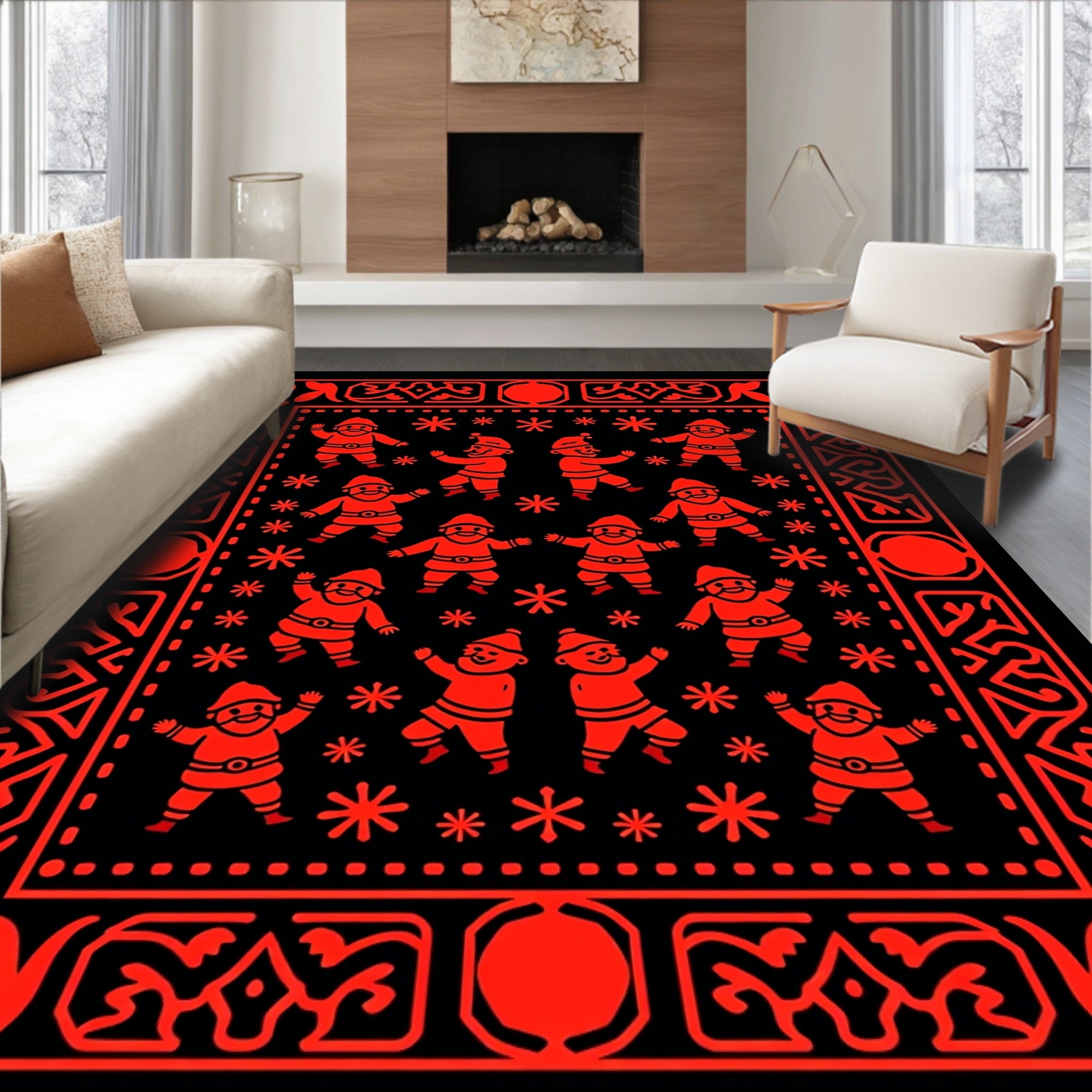 Red Festive Santa Claus Figures Rug