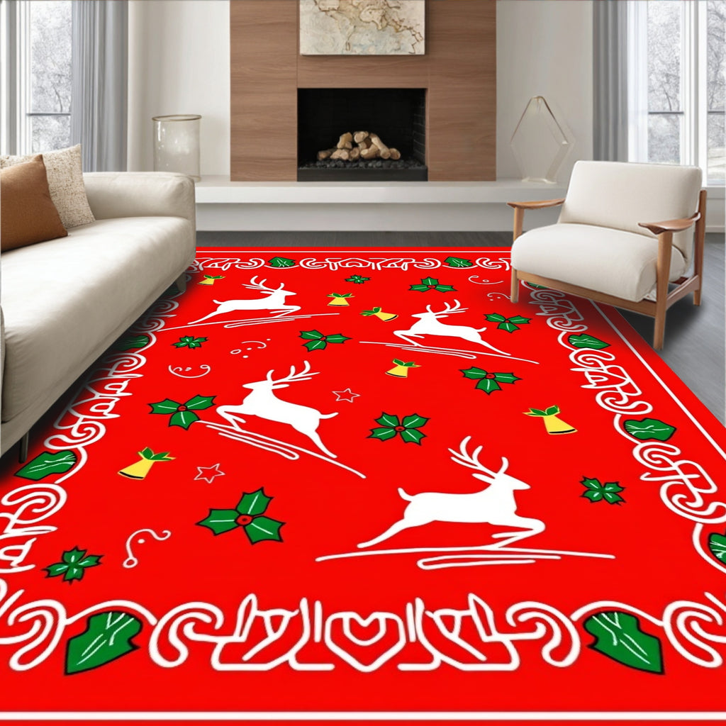 Red White Reindeer Holly Bell Fiesta Rug