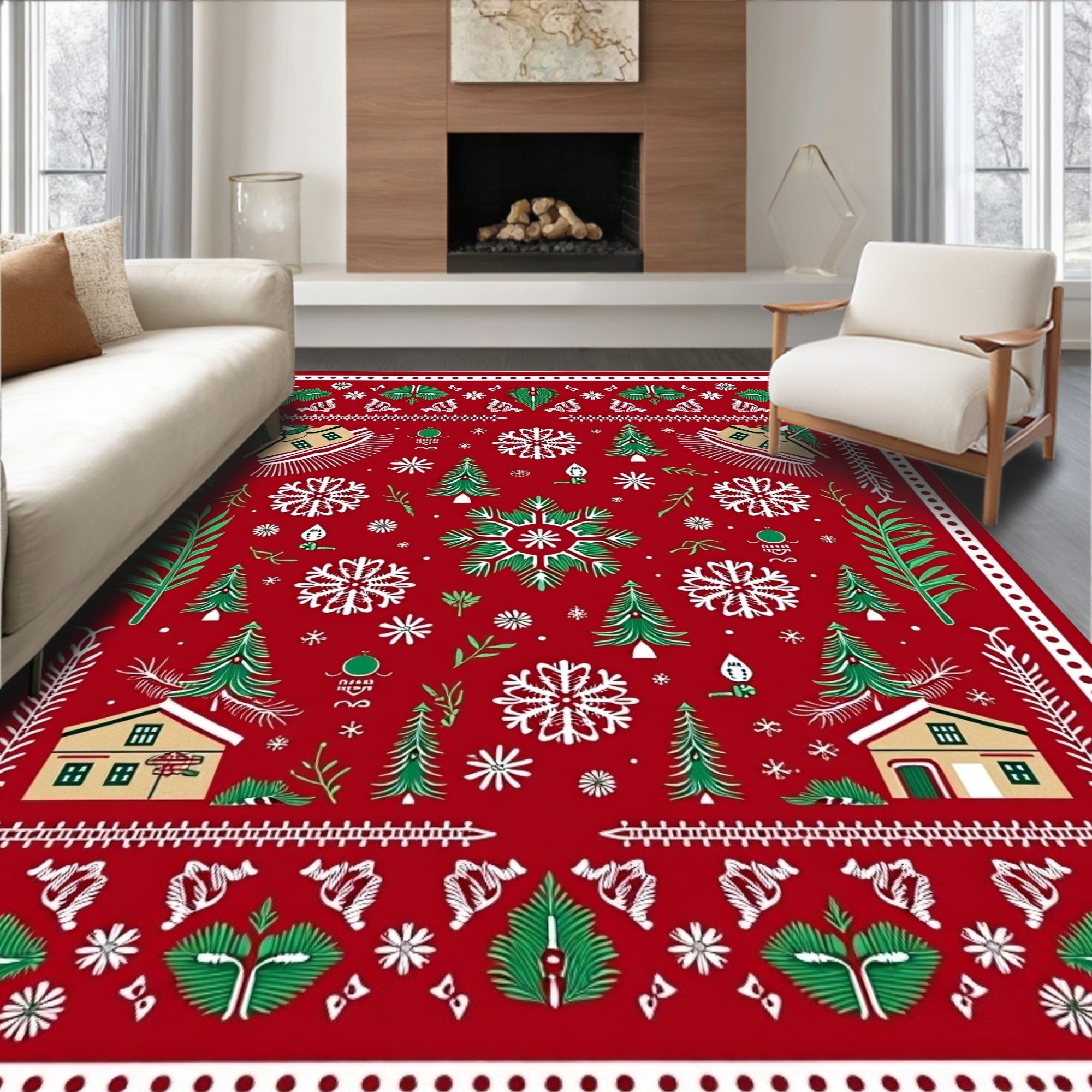 Red Festive Winter Village Snowflakes Rug