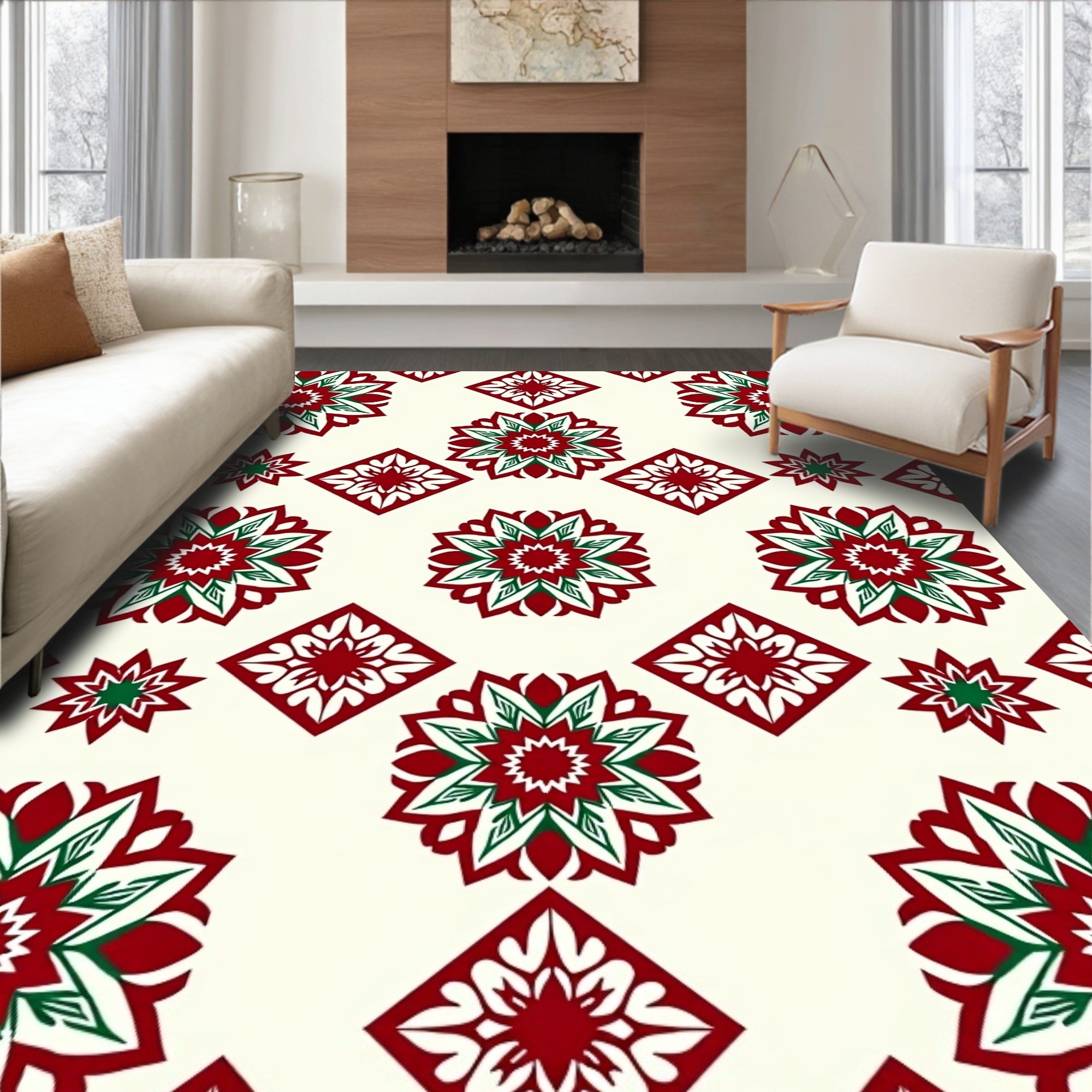 Crimson Green Starburst Diamond Medallions Rug