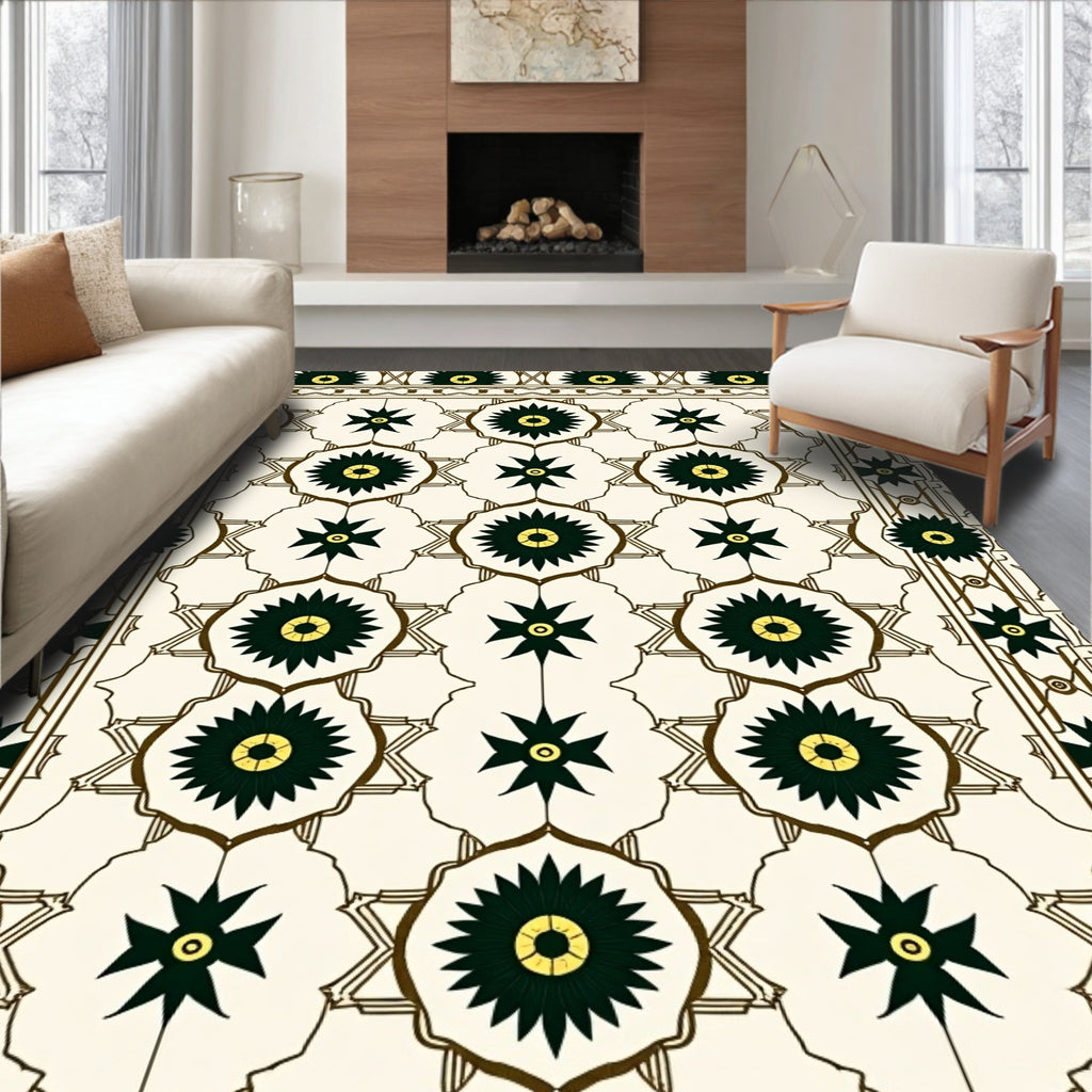 Cream Green Floral Starburst Medallion Rug