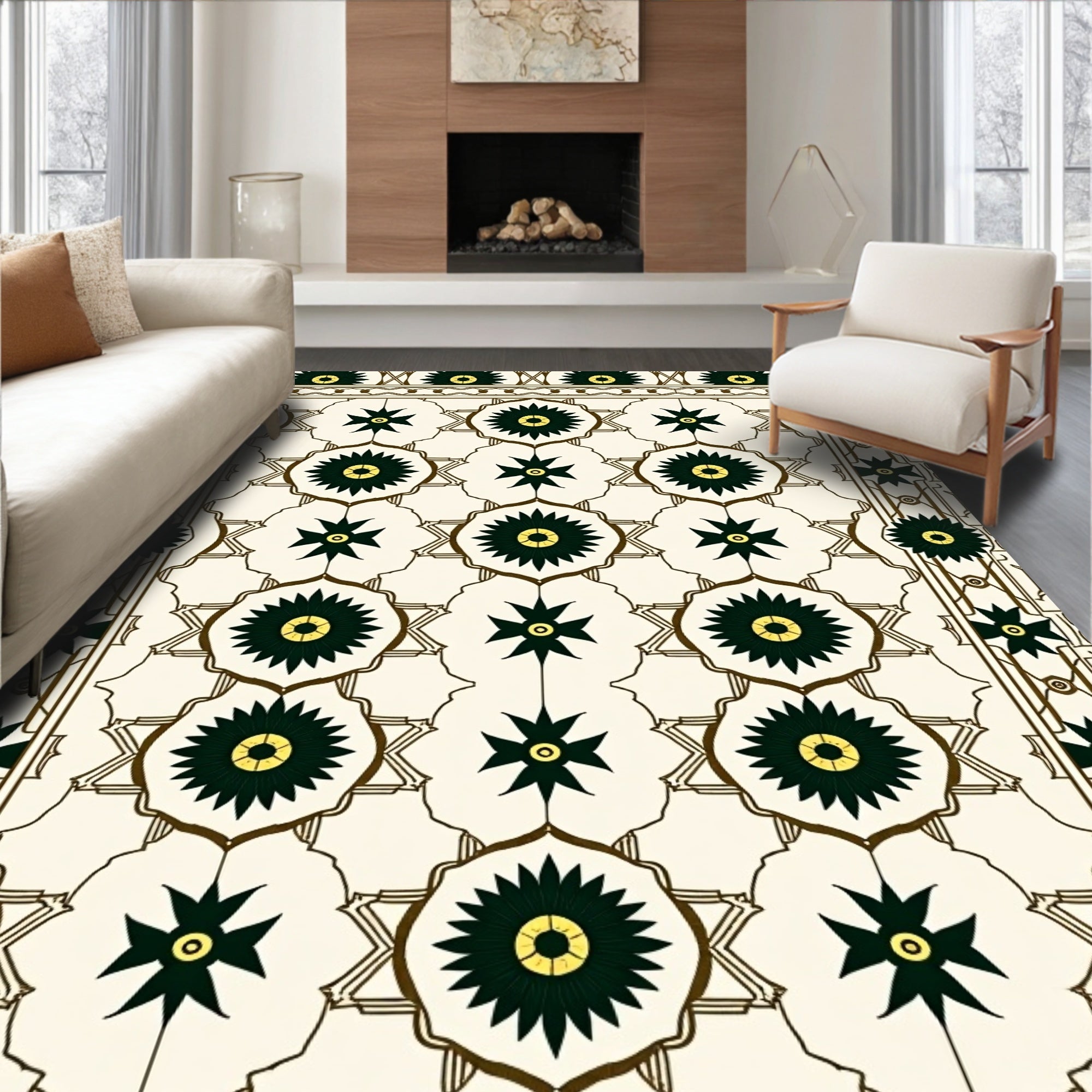 Cream Green Floral Starburst Medallion Rug