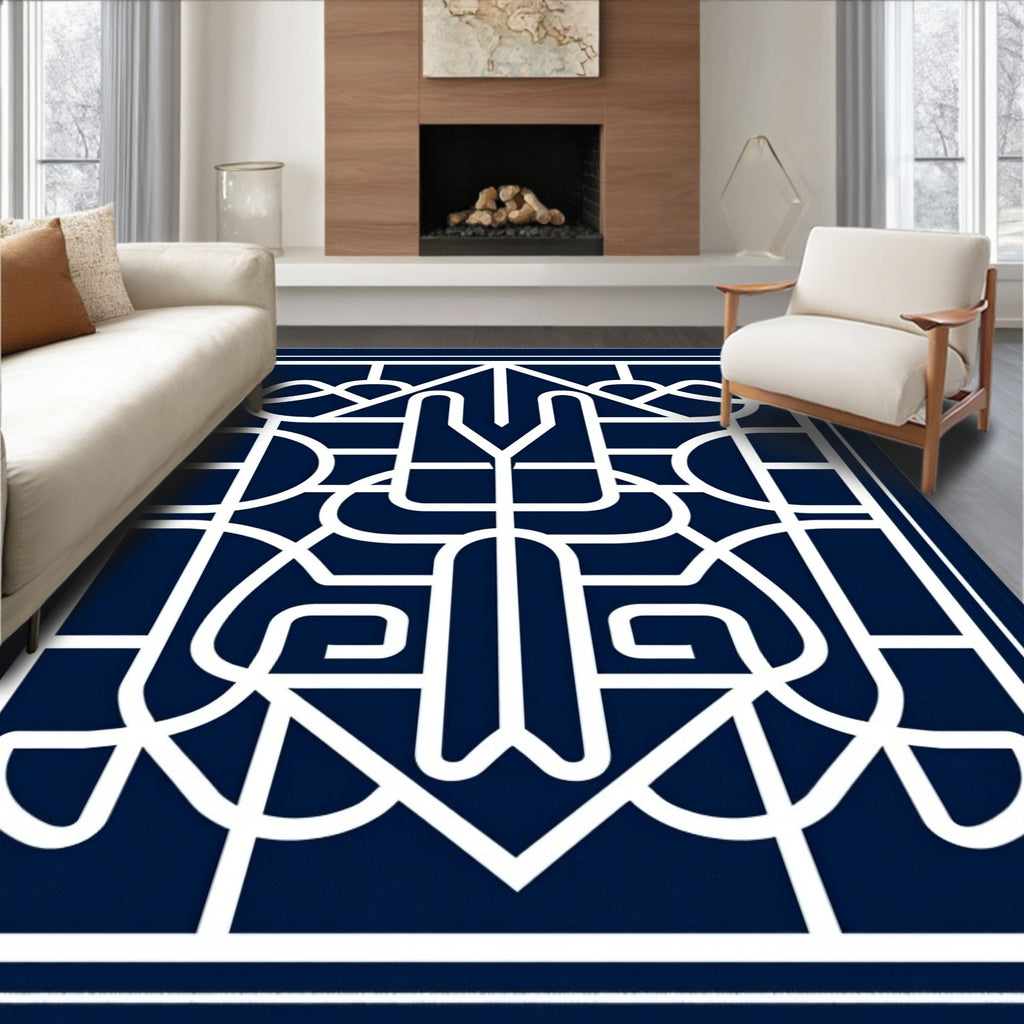 Deep Blue Art Deco Geometric Lines Rug