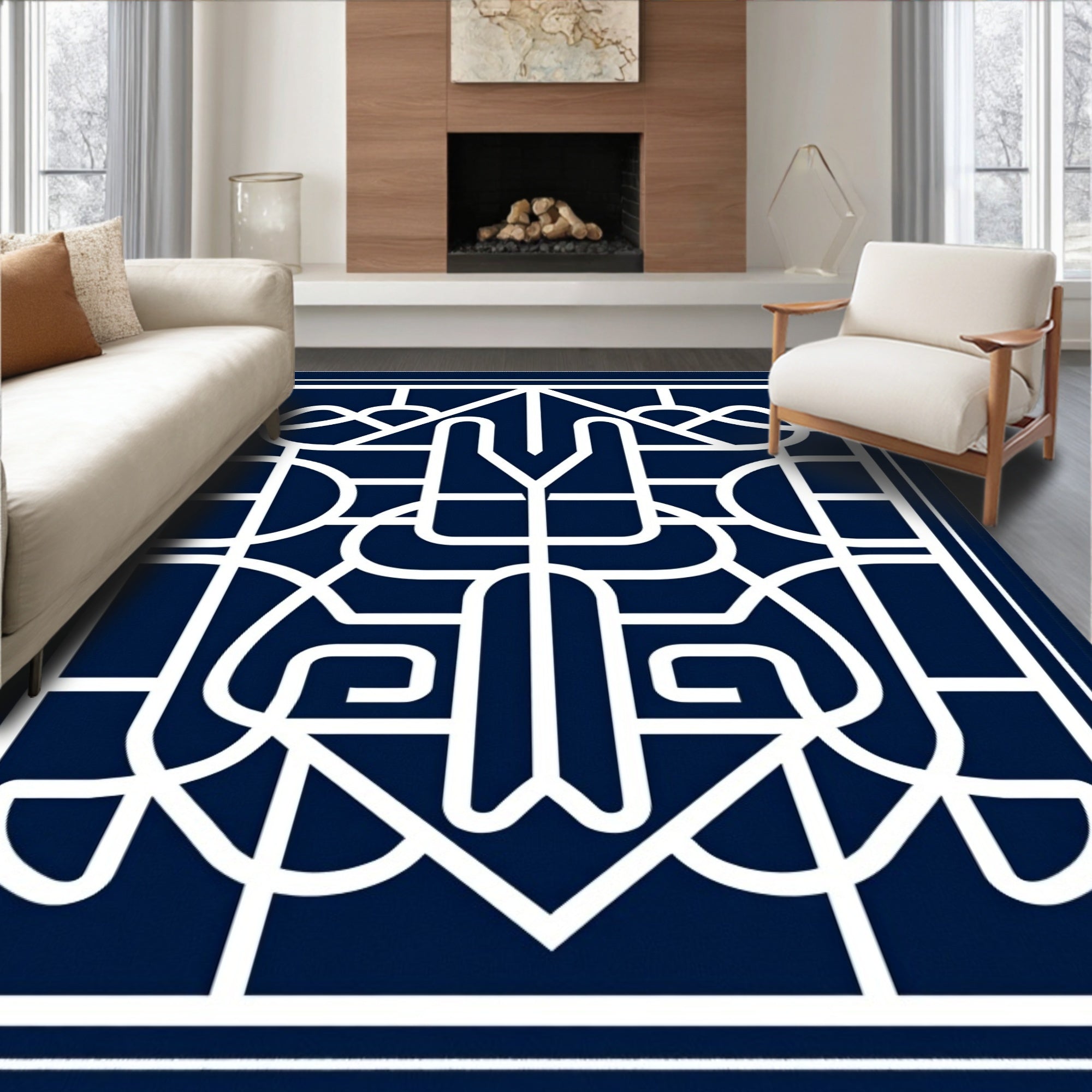 Deep Blue Art Deco Geometric Lines Rug